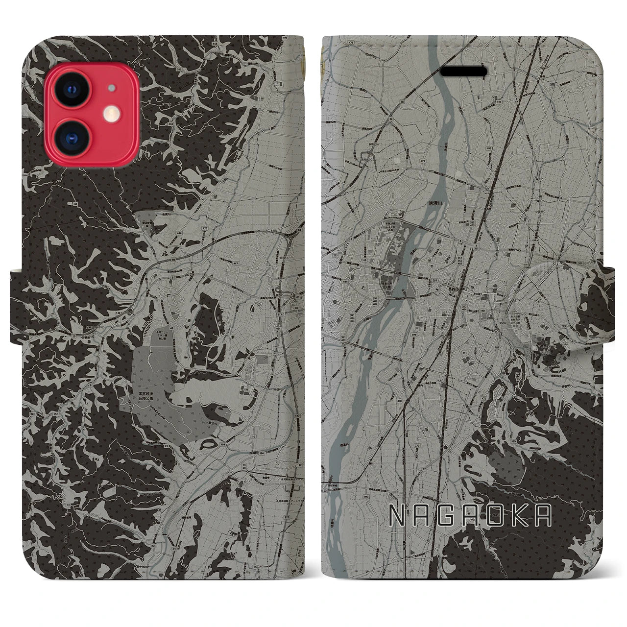【長岡(新潟県)】地図柄iPhoneケース(手帳タイプ)モノトーン・iPhone 11 用