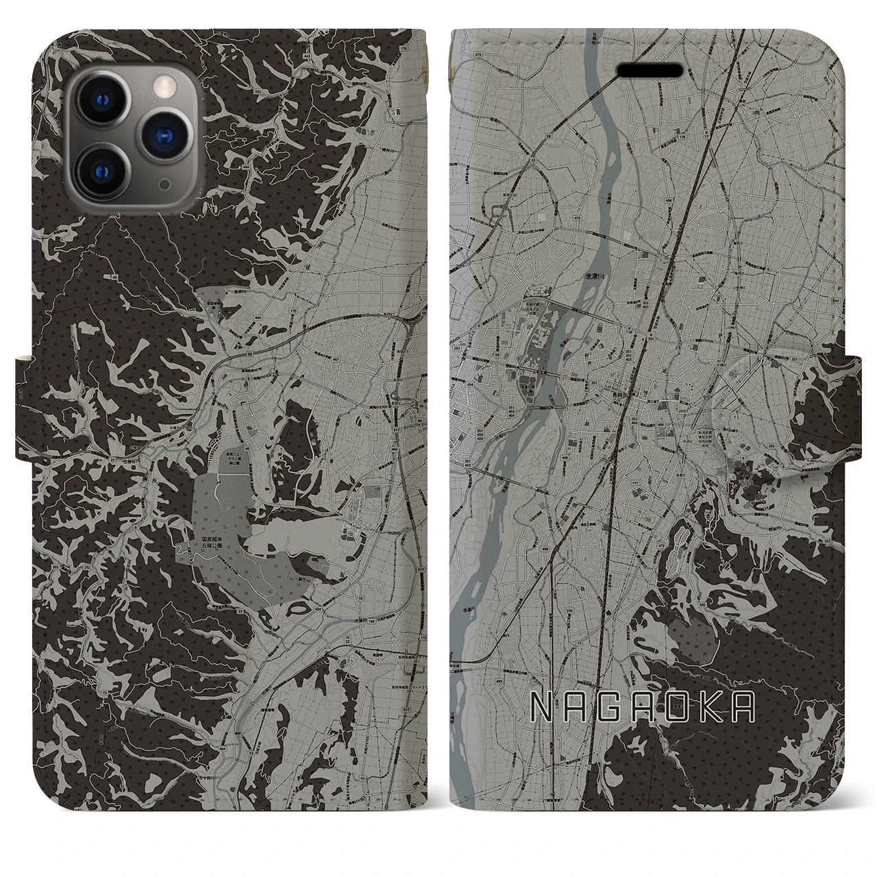 【長岡(新潟県)】地図柄iPhoneケース(手帳タイプ)モノトーン・iPhone 11 Pro Max 用