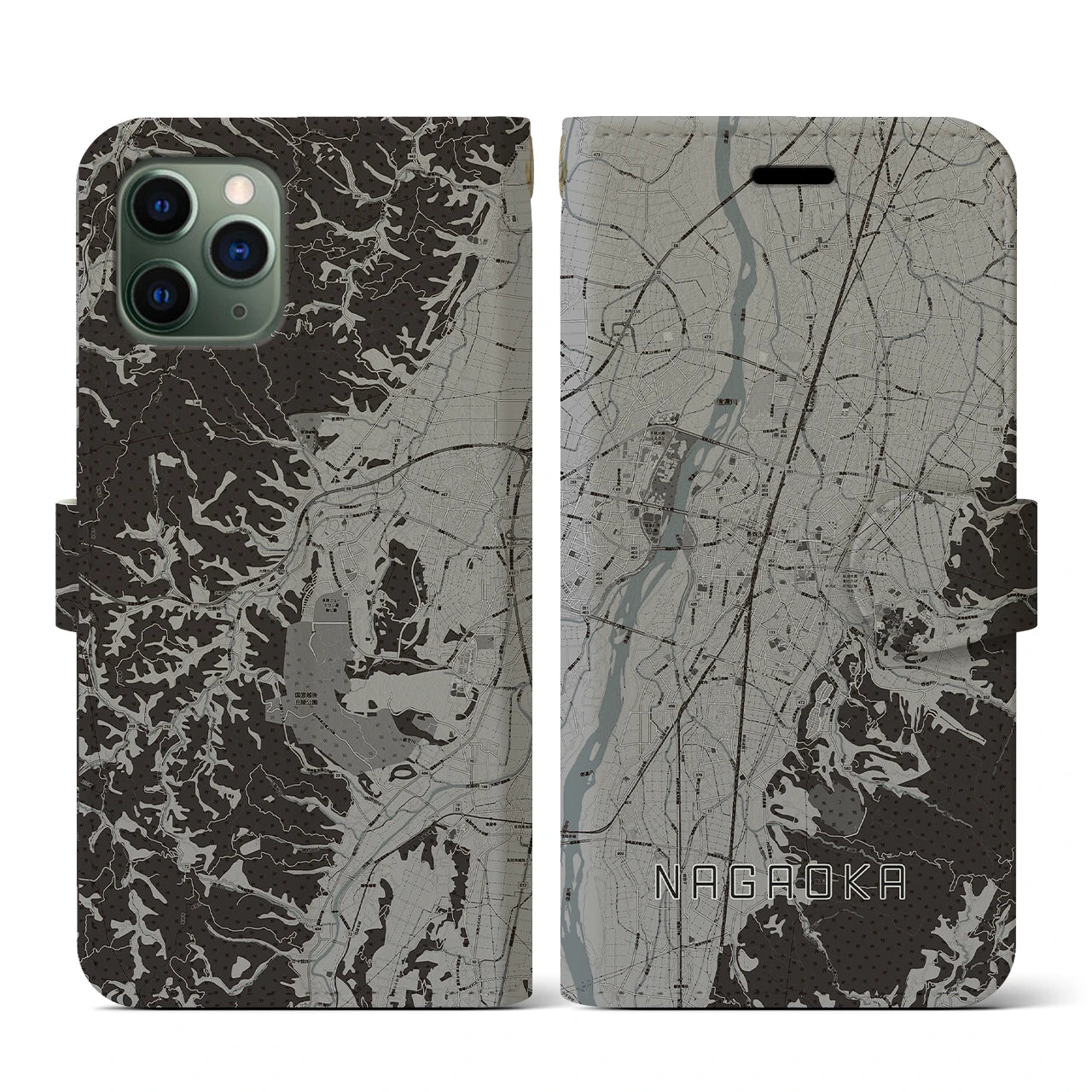 【長岡(新潟県)】地図柄iPhoneケース(手帳タイプ)モノトーン・iPhone 11 Pro 用