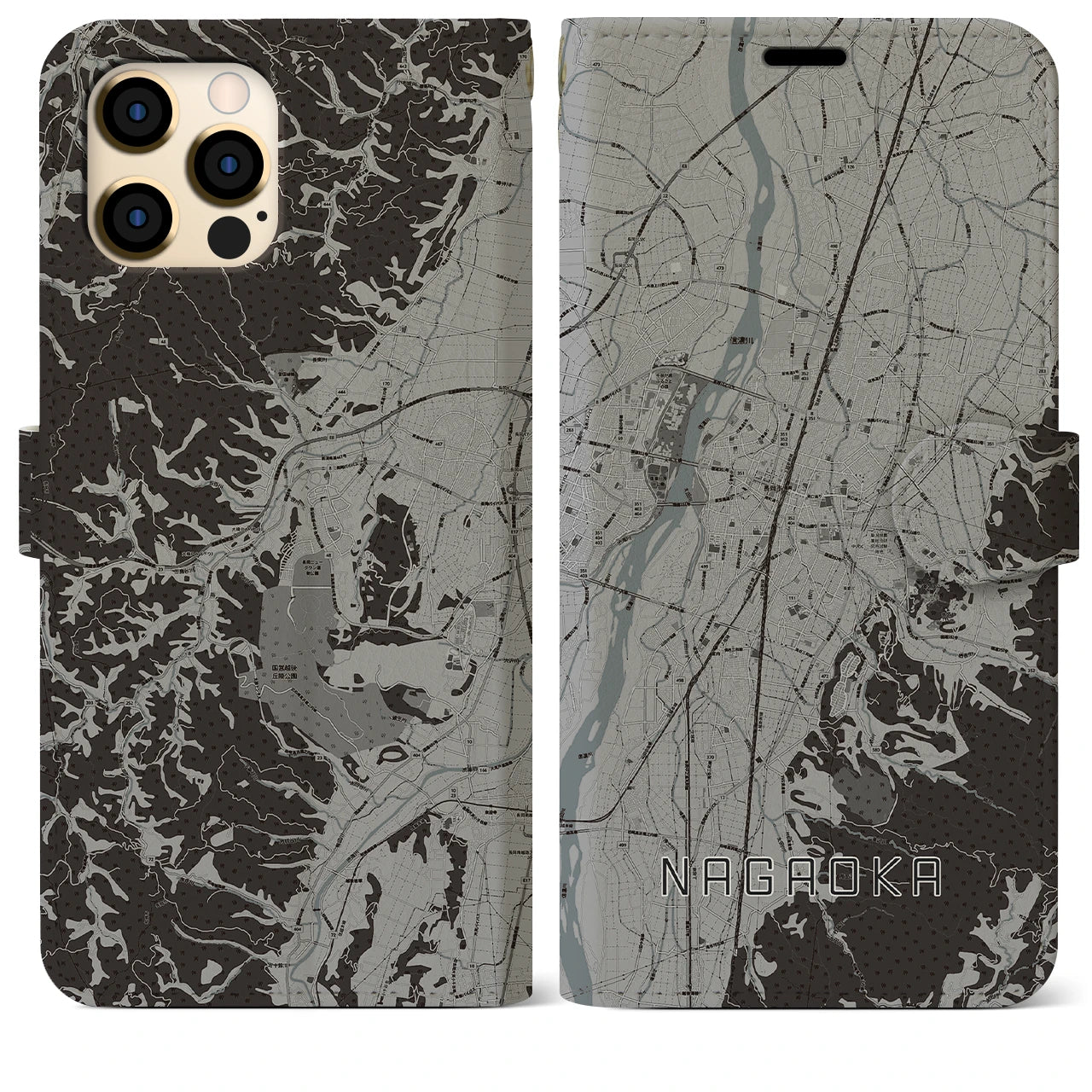 【長岡(新潟県)】地図柄iPhoneケース(手帳タイプ)モノトーン・iPhone 12 Pro Max 用