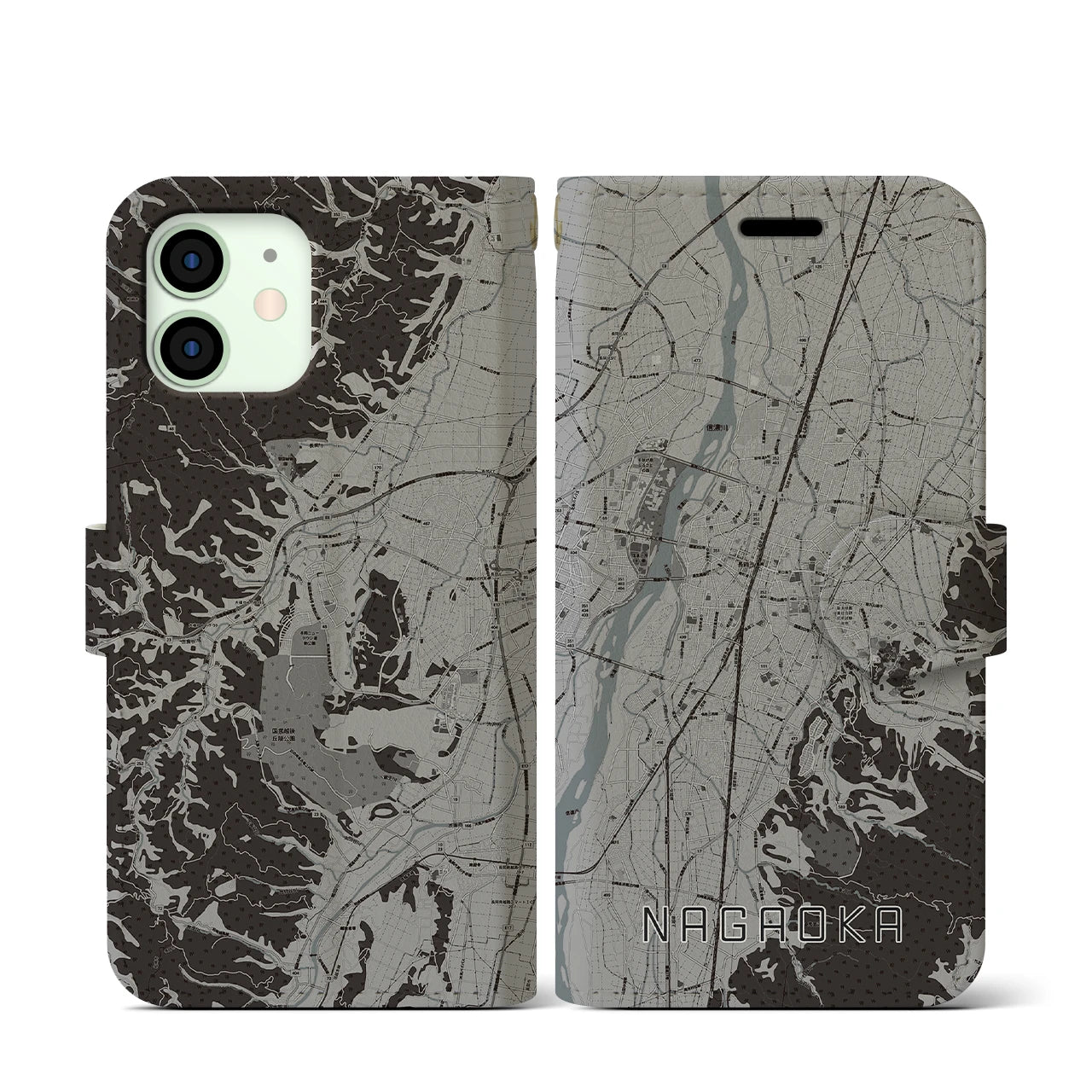 【長岡(新潟県)】地図柄iPhoneケース(手帳タイプ)モノトーン・iPhone 12 mini 用