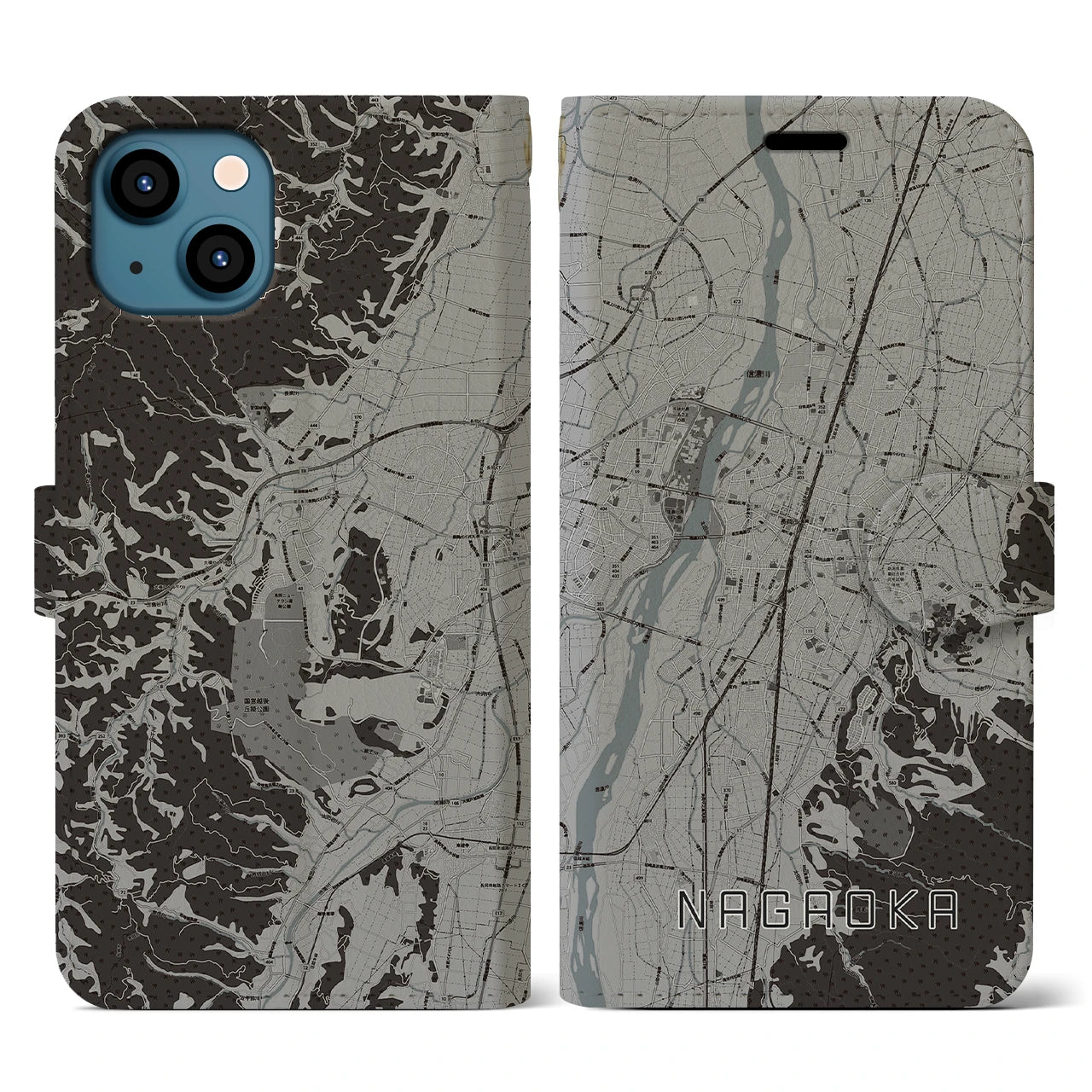 【長岡(新潟県)】地図柄iPhoneケース(手帳タイプ)モノトーン・iPhone 13 用