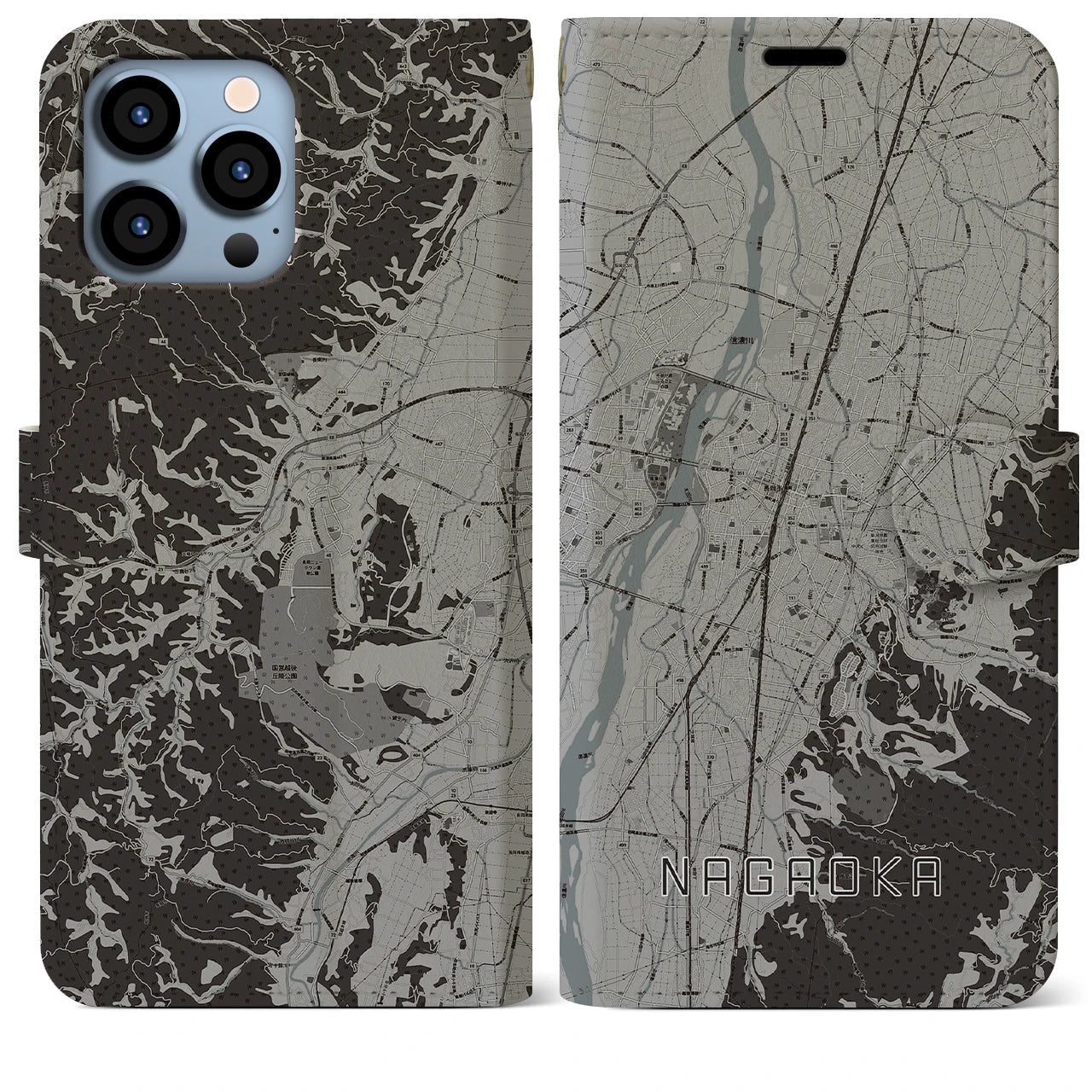 【長岡(新潟県)】地図柄iPhoneケース(手帳タイプ)モノトーン・iPhone 13 Pro Max 用