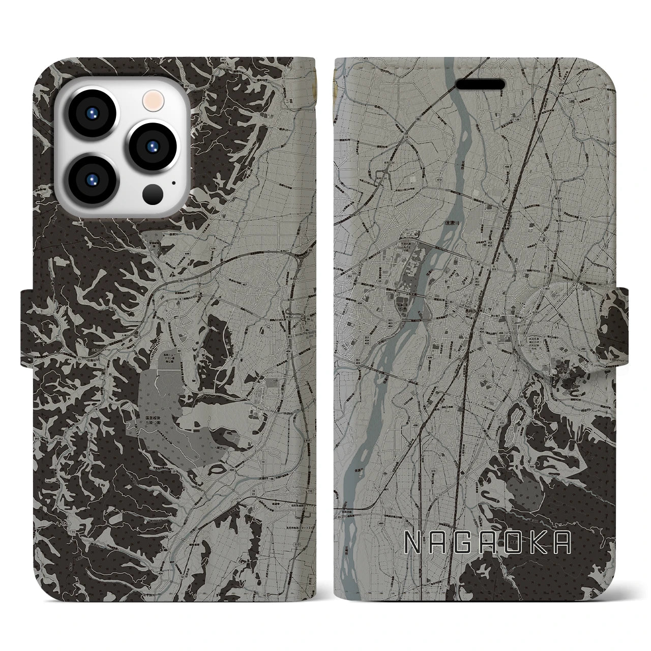 【長岡(新潟県)】地図柄iPhoneケース(手帳タイプ)モノトーン・iPhone 13 Pro 用