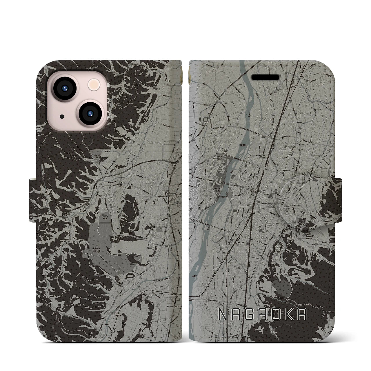 【長岡(新潟県)】地図柄iPhoneケース(手帳タイプ)モノトーン・iPhone 13 mini 用