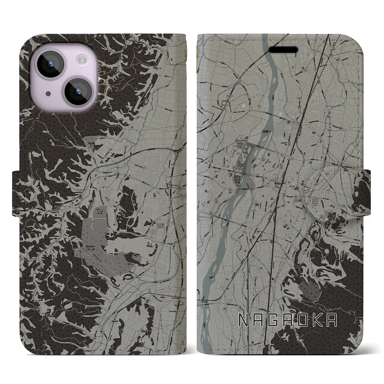 【長岡(新潟県)】地図柄iPhoneケース(手帳タイプ)モノトーン・iPhone 14 用