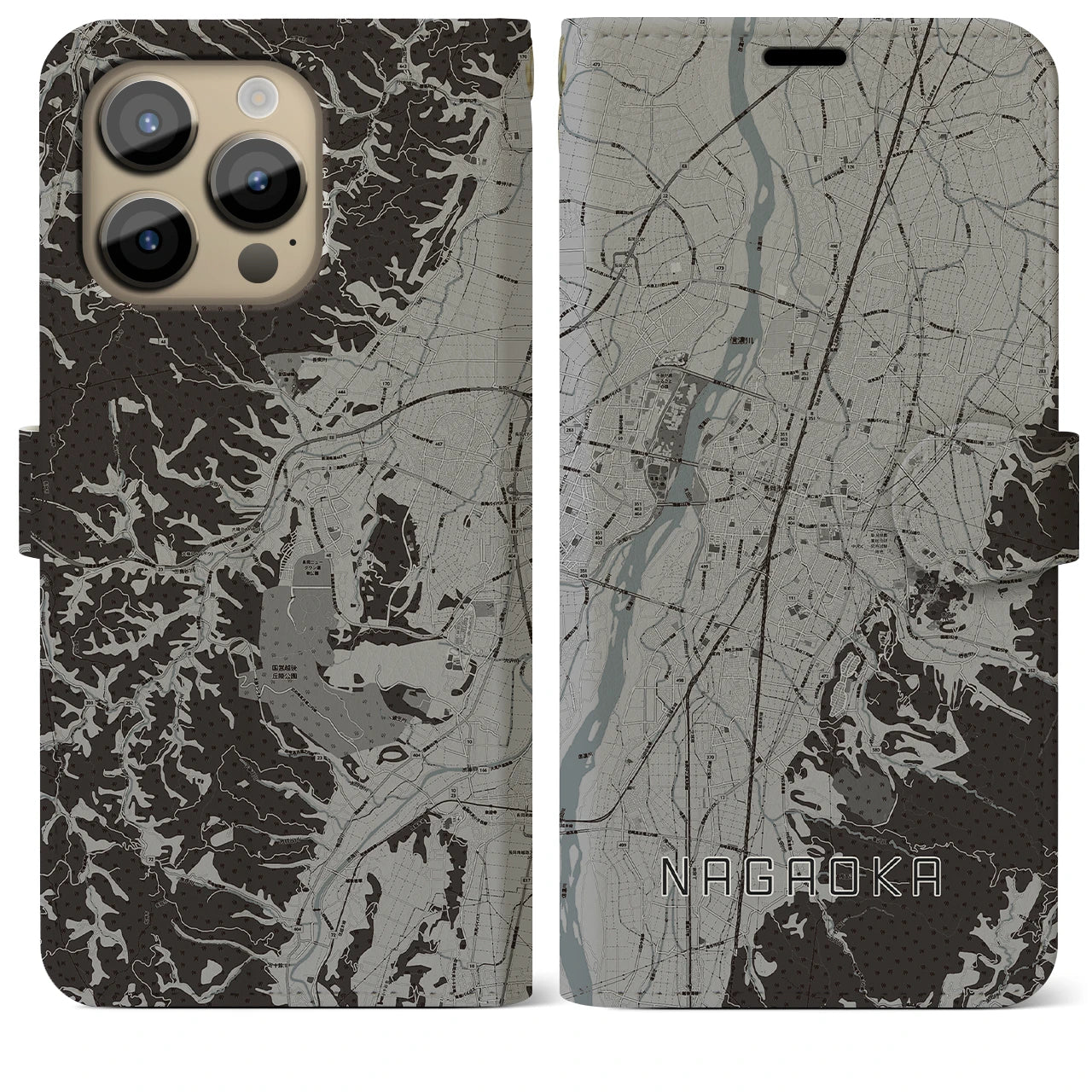 【長岡(新潟県)】地図柄iPhoneケース(手帳タイプ)モノトーン・iPhone 14 Pro Max 用