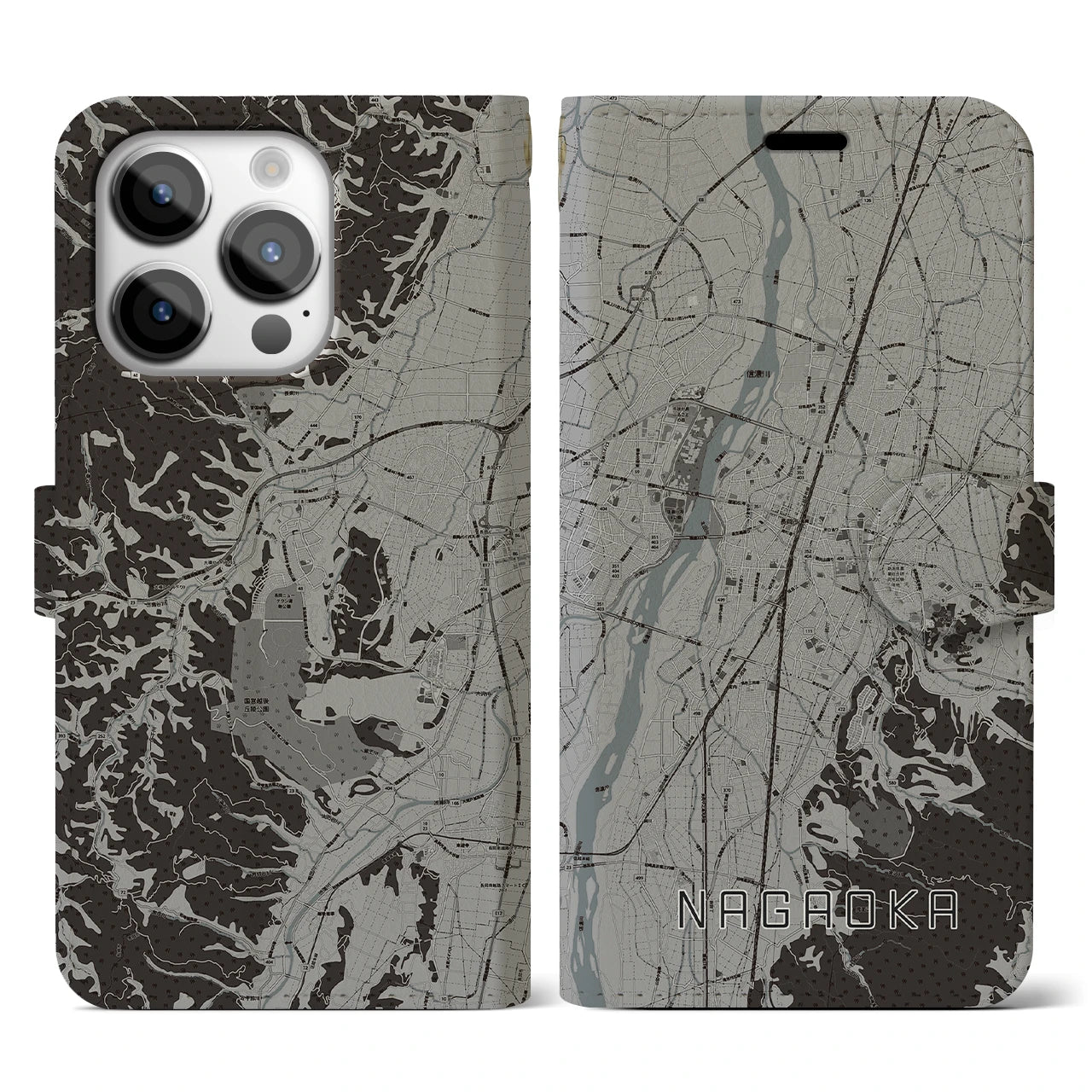 【長岡(新潟県)】地図柄iPhoneケース(手帳タイプ)モノトーン・iPhone 14 Pro 用