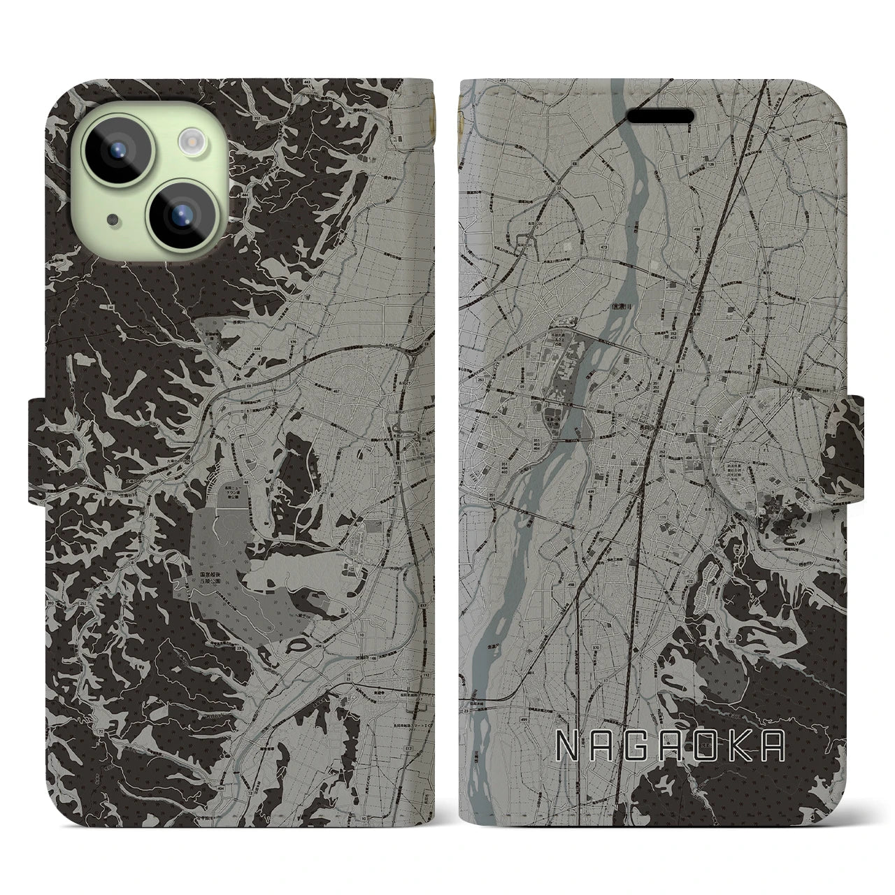 【長岡(新潟県)】地図柄iPhoneケース(手帳タイプ)モノトーン・iPhone 15 用