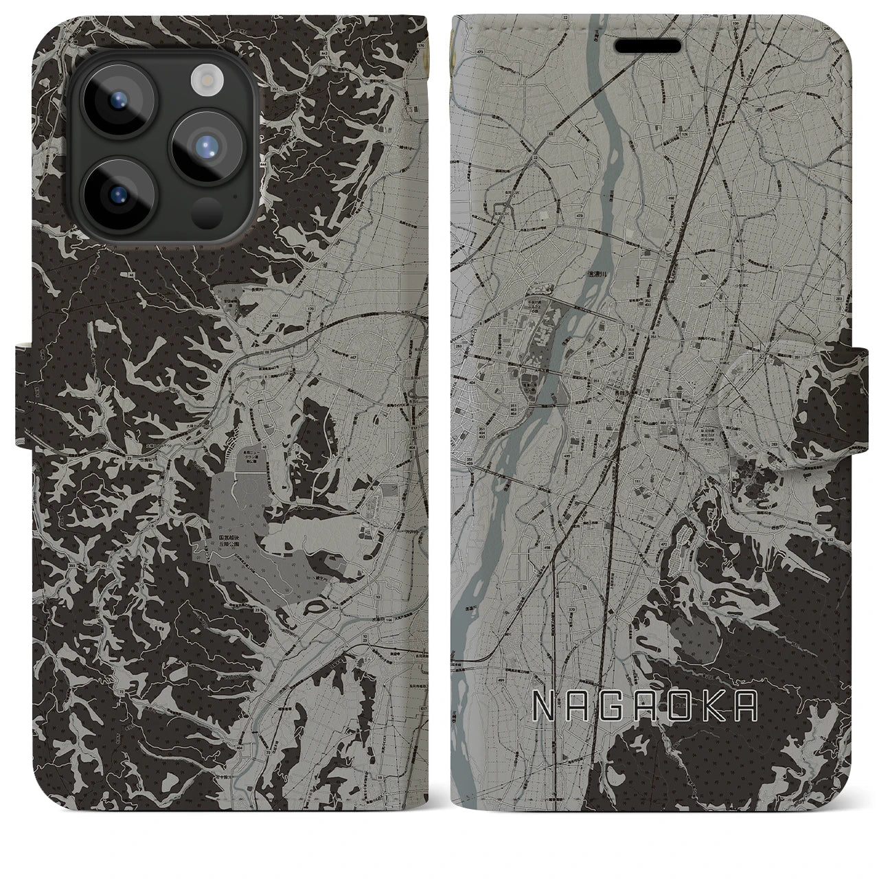 【長岡(新潟県)】地図柄iPhoneケース(手帳タイプ)モノトーン・iPhone 15 Pro Max 用