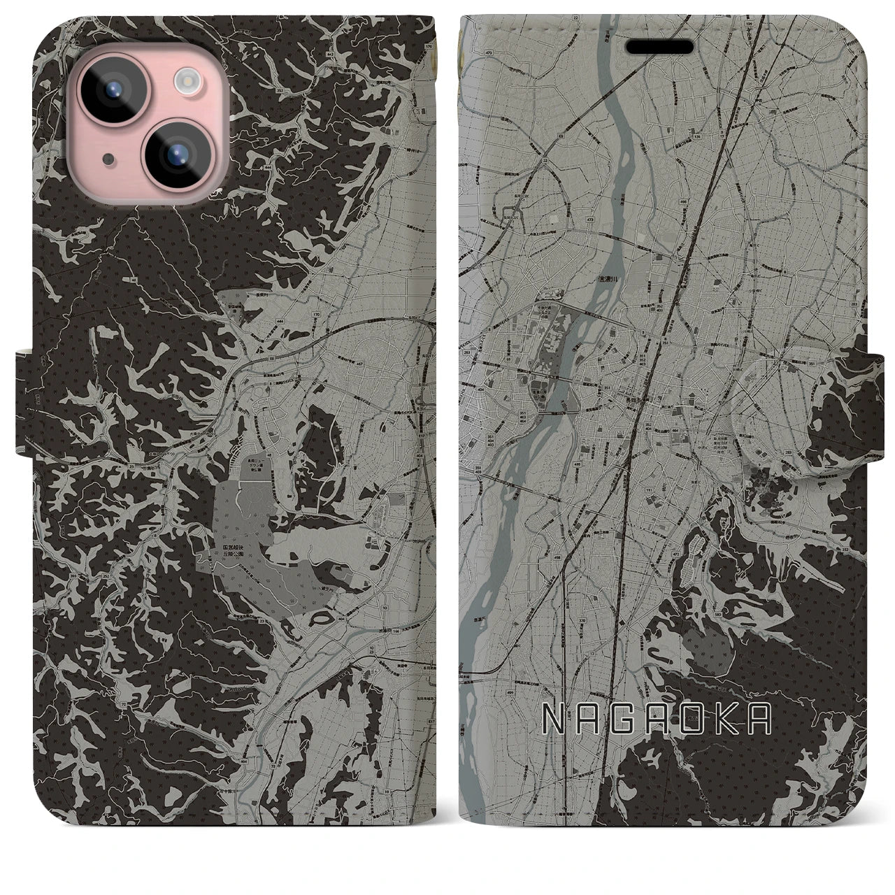 【長岡(新潟県)】地図柄iPhoneケース(手帳タイプ)モノトーン・iPhone 15 Plus 用