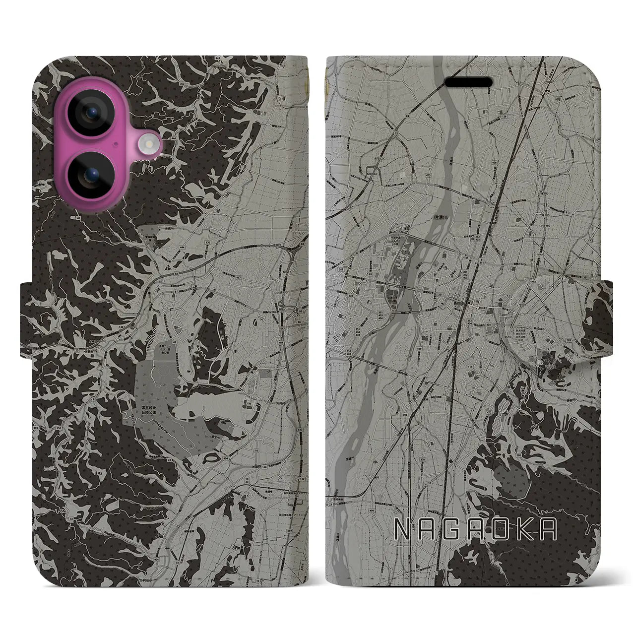 【長岡(新潟県)】地図柄iPhoneケース(手帳タイプ)モノトーン・iPhone 16 Pro 用