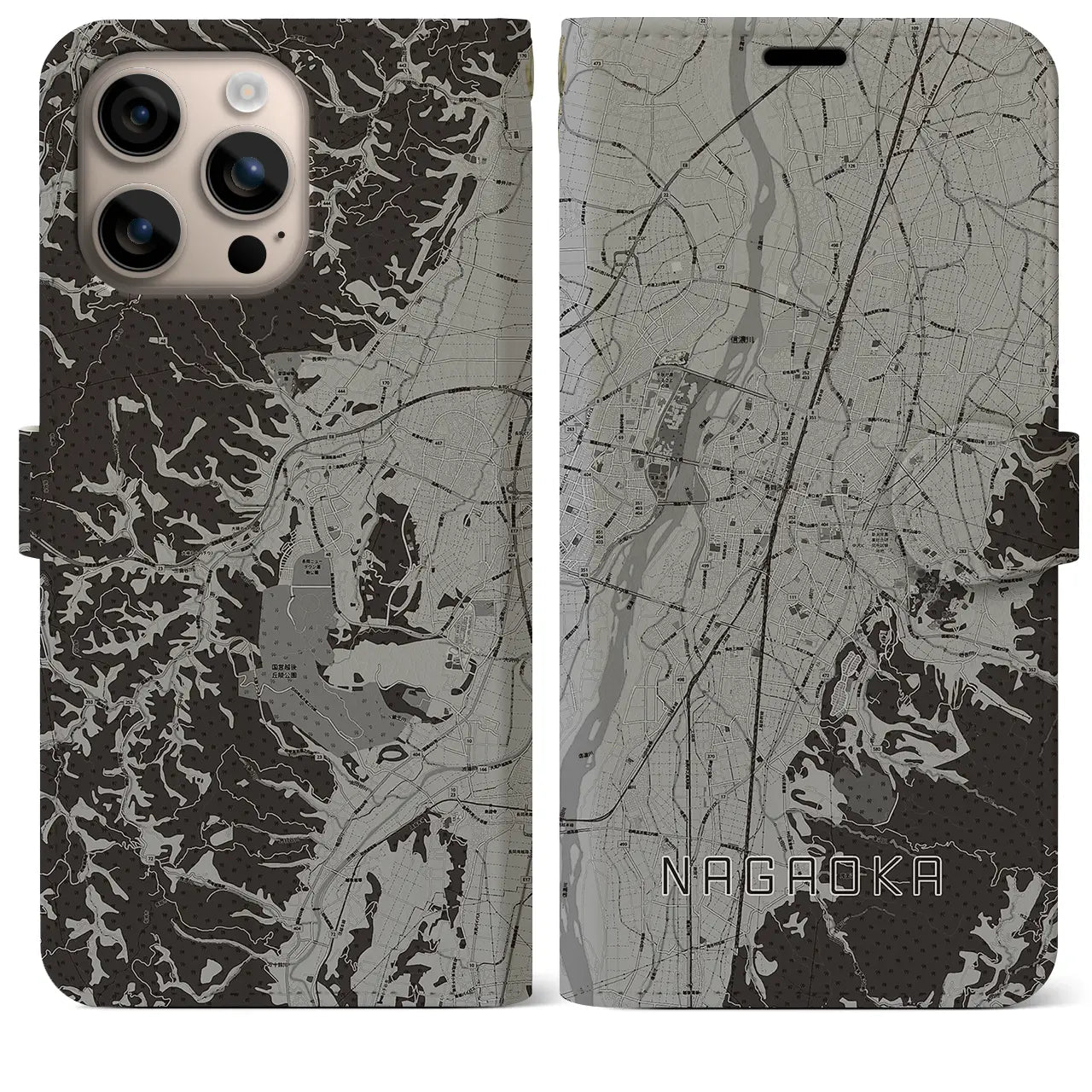 【長岡(新潟県)】地図柄iPhoneケース(手帳タイプ)モノトーン・iPhone 16 Plus 用