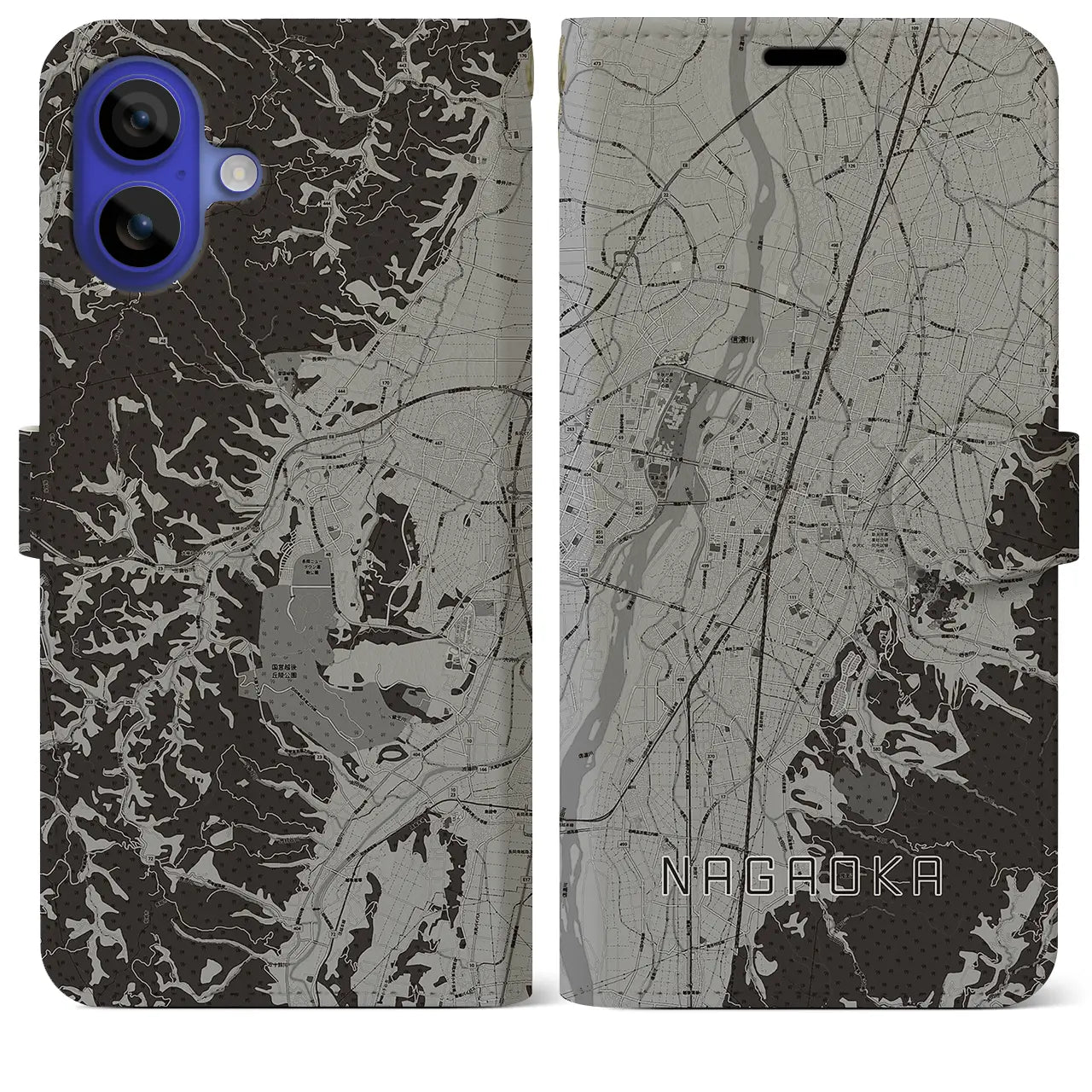 【長岡(新潟県)】地図柄iPhoneケース(手帳タイプ)モノトーン・iPhone 16 Pro Max 用