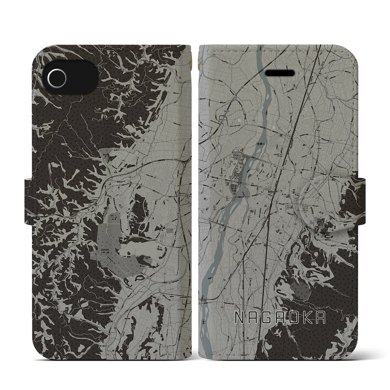 【長岡(新潟県)】地図柄iPhoneケース(手帳タイプ)モノトーン・iPhone SE(第3 / 第2世代) / 8 / 7 / 6s / 6 用