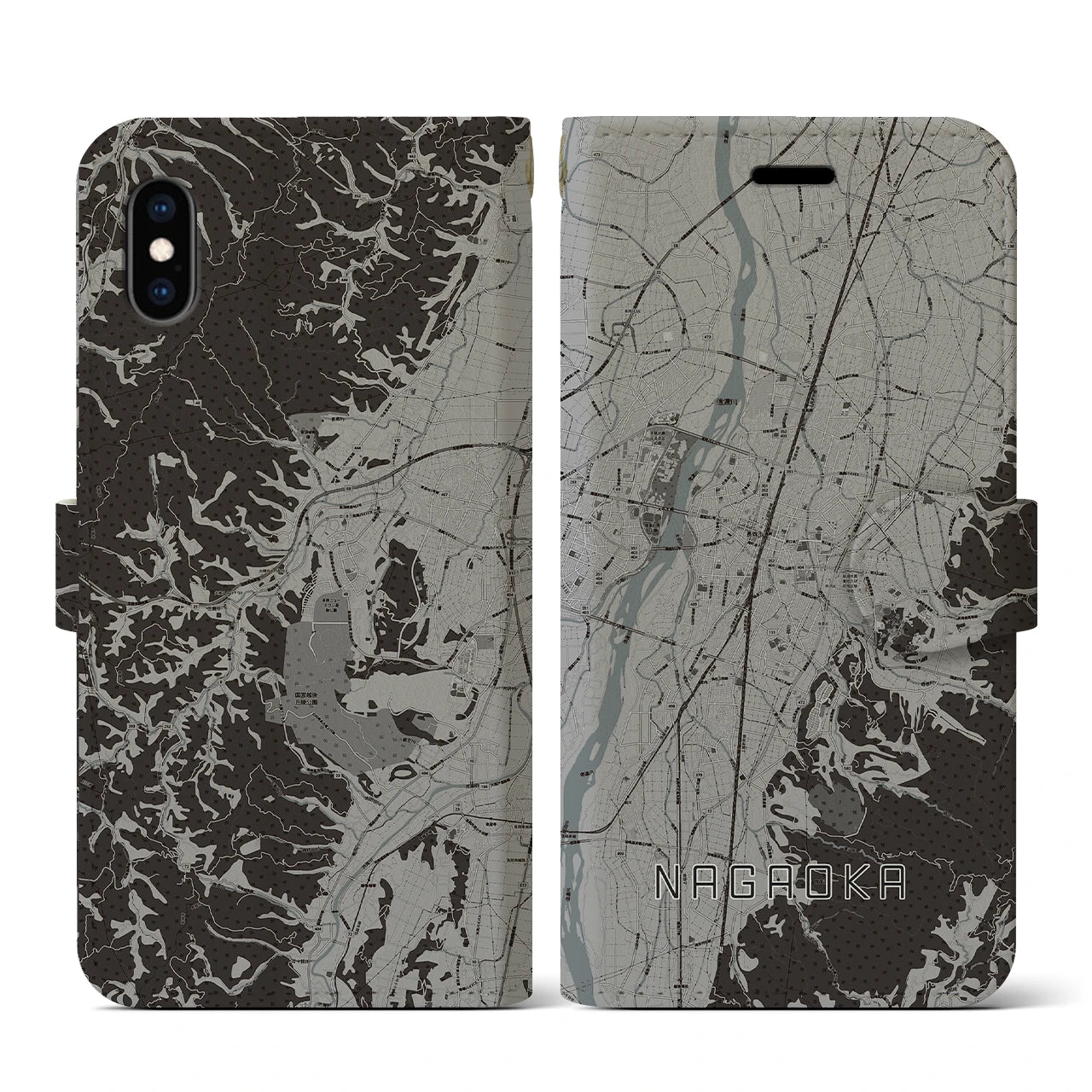 【長岡(新潟県)】地図柄iPhoneケース(手帳タイプ)モノトーン・iPhone XS / X 用