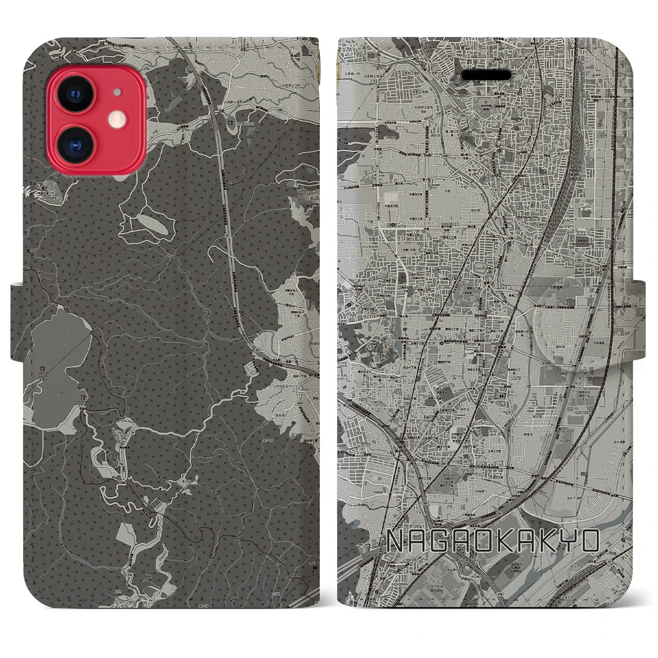 【長岡京(京都府)】地図柄iPhoneケース(手帳タイプ)モノトーン・iPhone 11 用
