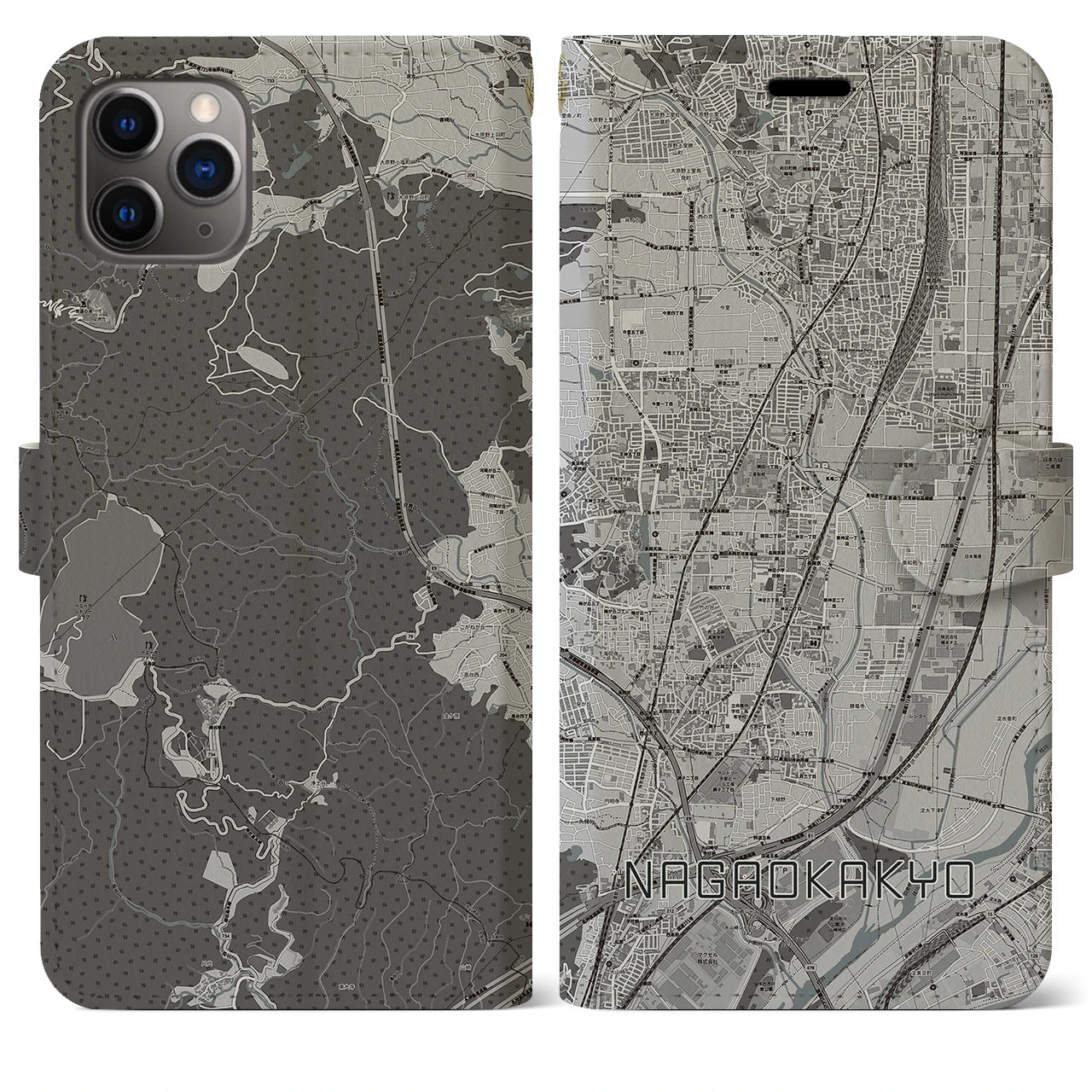 【長岡京(京都府)】地図柄iPhoneケース(手帳タイプ)モノトーン・iPhone 11 Pro Max 用