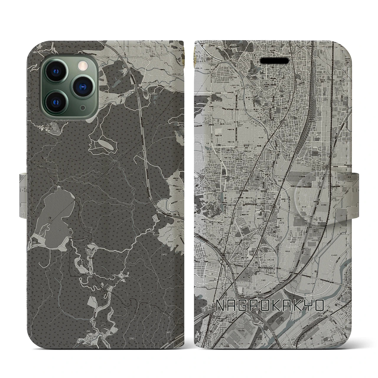 【長岡京(京都府)】地図柄iPhoneケース(手帳タイプ)モノトーン・iPhone 11 Pro 用