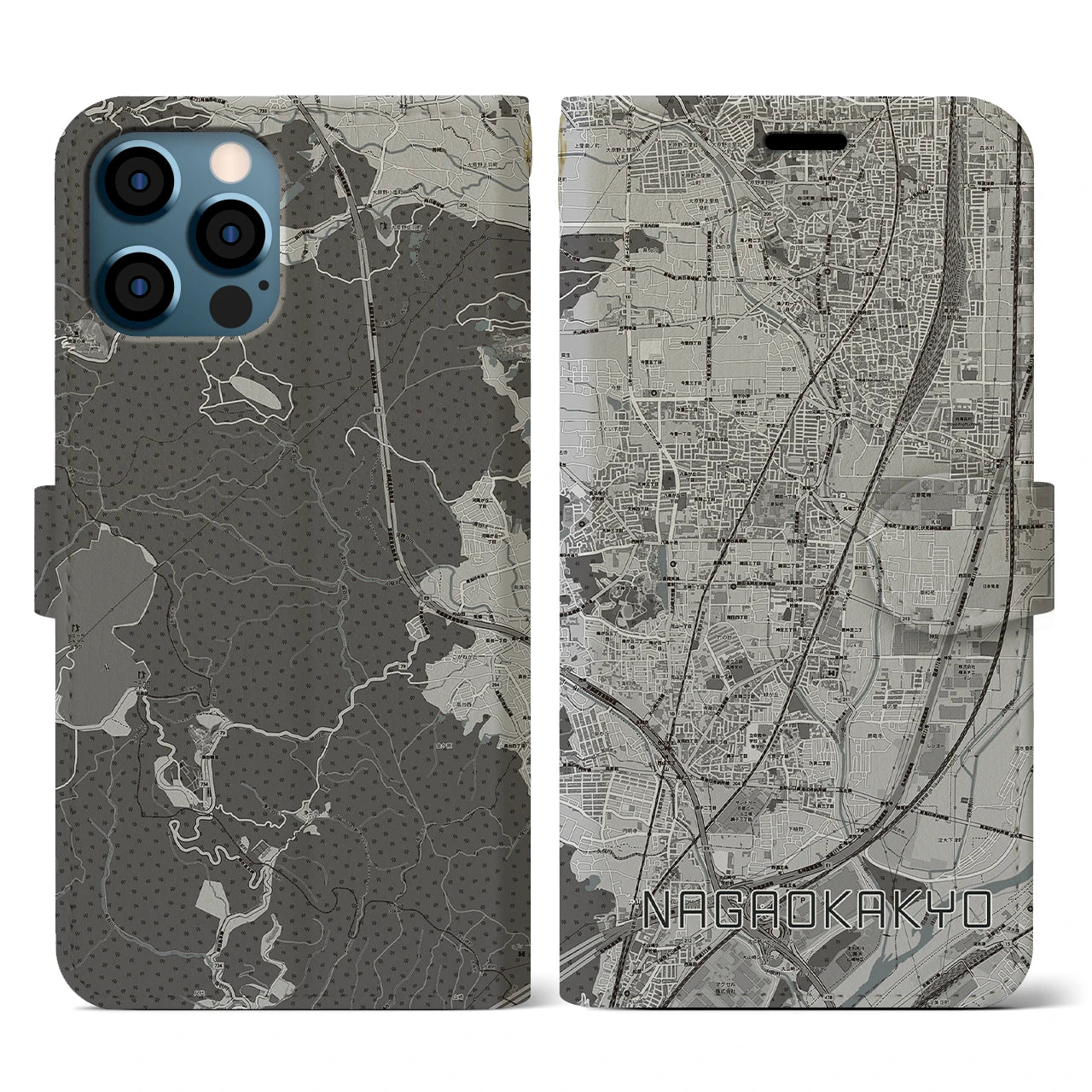 【長岡京(京都府)】地図柄iPhoneケース(手帳タイプ)モノトーン・iPhone 12 / 12 Pro 用