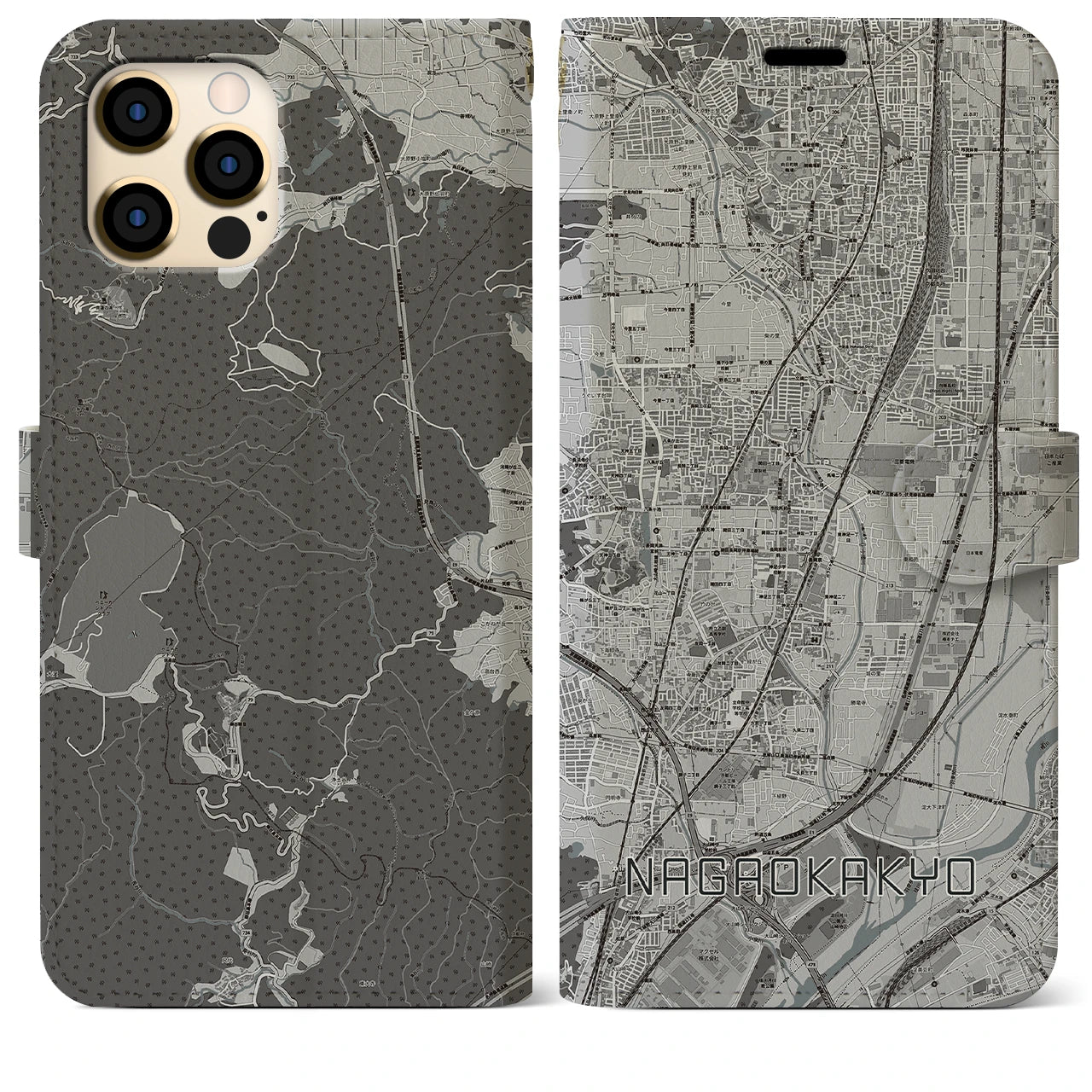 【長岡京(京都府)】地図柄iPhoneケース(手帳タイプ)モノトーン・iPhone 12 Pro Max 用