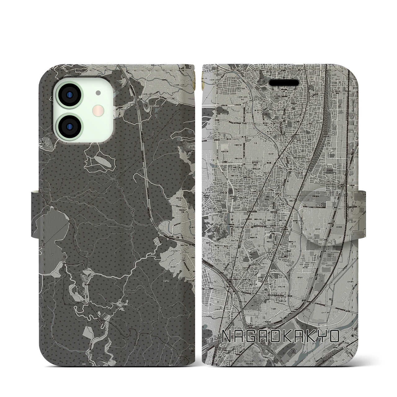 【長岡京(京都府)】地図柄iPhoneケース(手帳タイプ)モノトーン・iPhone 12 mini 用