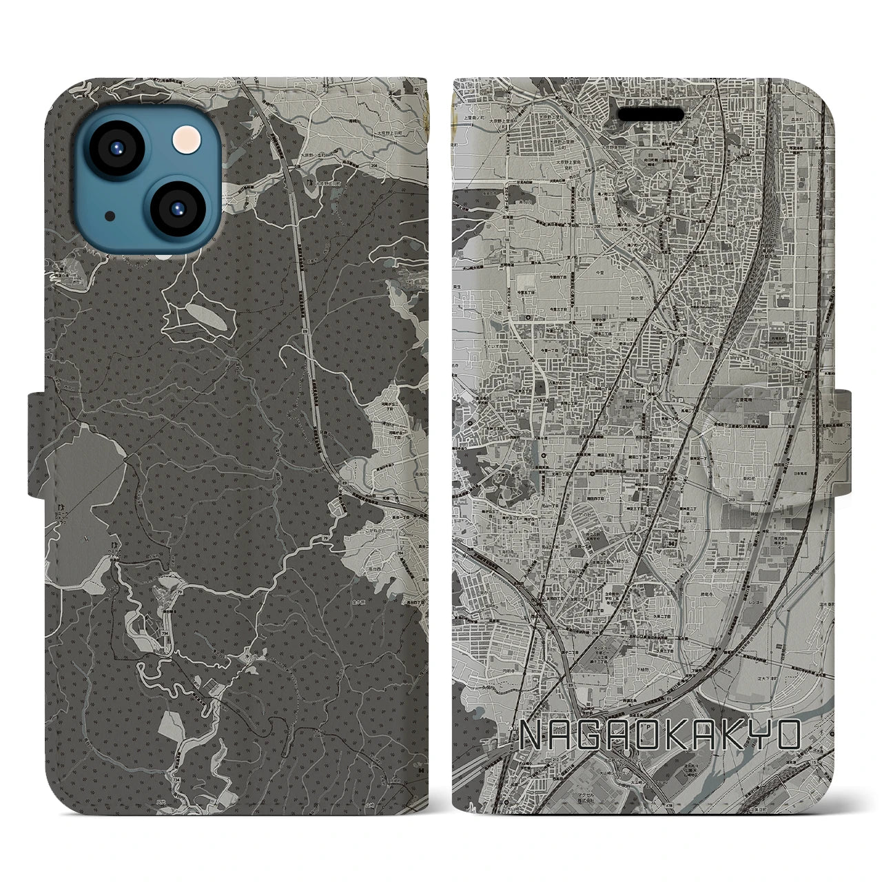 【長岡京(京都府)】地図柄iPhoneケース(手帳タイプ)モノトーン・iPhone 13 用