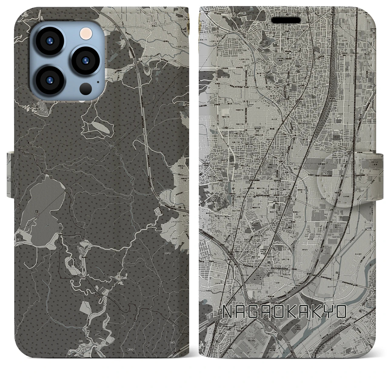 【長岡京(京都府)】地図柄iPhoneケース(手帳タイプ)モノトーン・iPhone 13 Pro Max 用