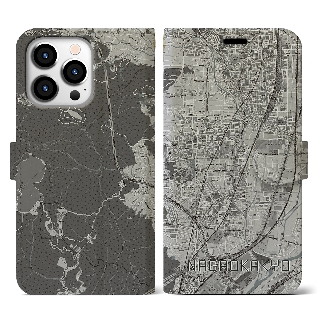 【長岡京(京都府)】地図柄iPhoneケース(手帳タイプ)モノトーン・iPhone 13 Pro 用