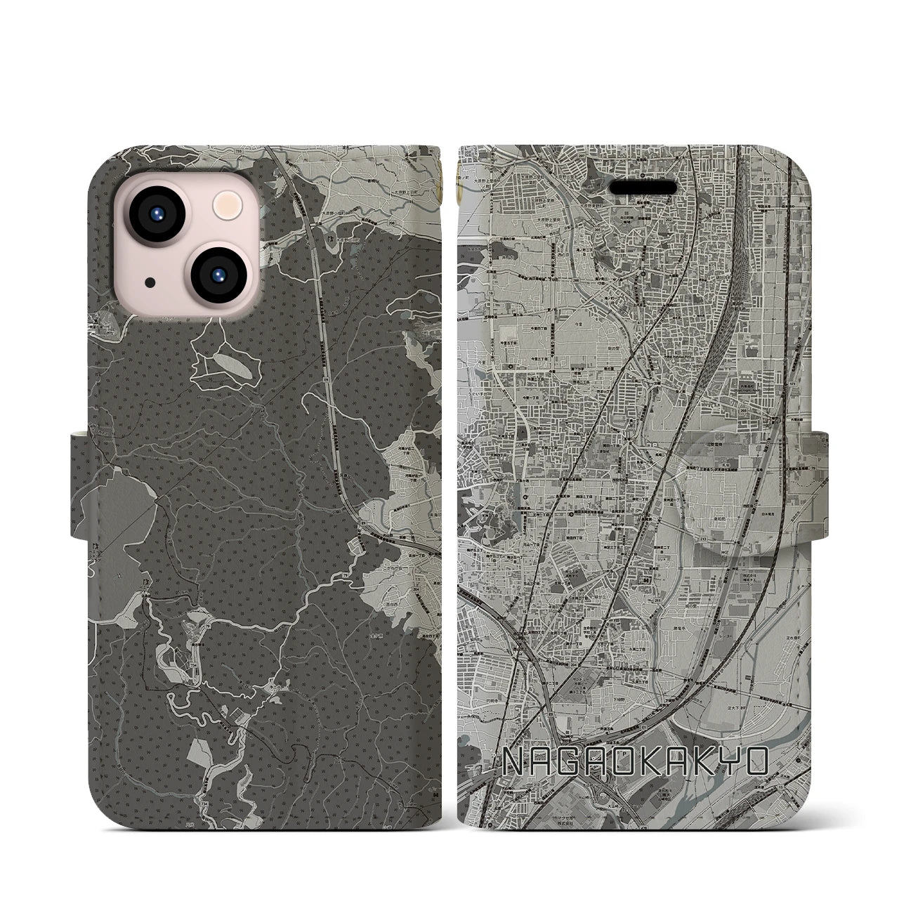 【長岡京(京都府)】地図柄iPhoneケース(手帳タイプ)モノトーン・iPhone 13 mini 用