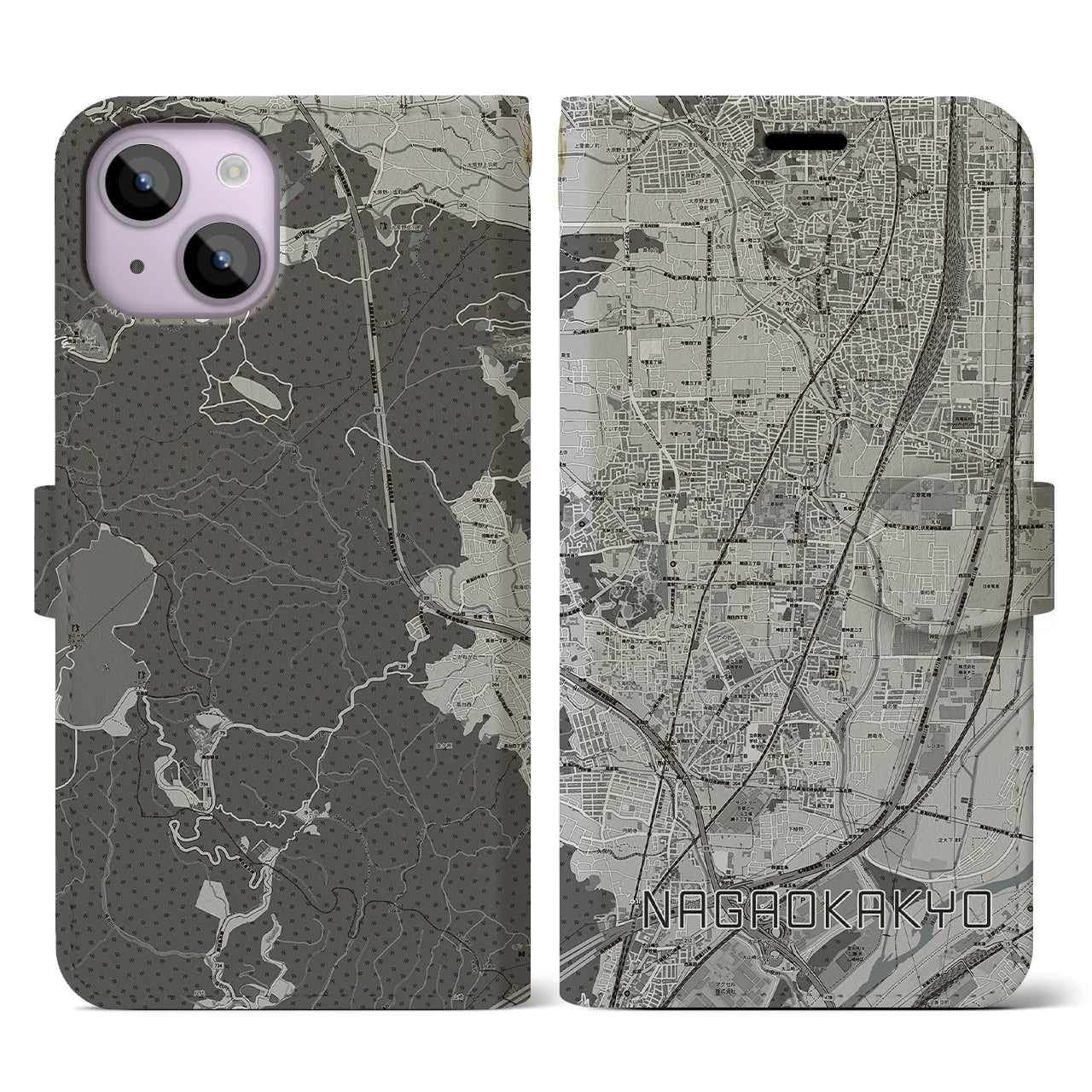 【長岡京(京都府)】地図柄iPhoneケース(手帳タイプ)モノトーン・iPhone 14 用