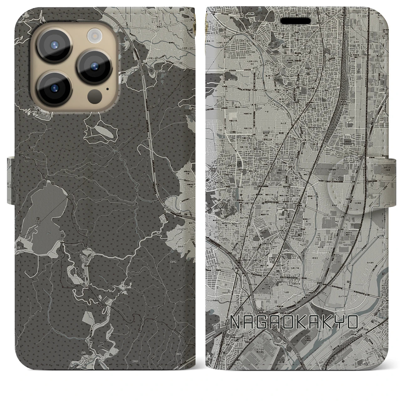 【長岡京(京都府)】地図柄iPhoneケース(手帳タイプ)モノトーン・iPhone 14 Pro Max 用