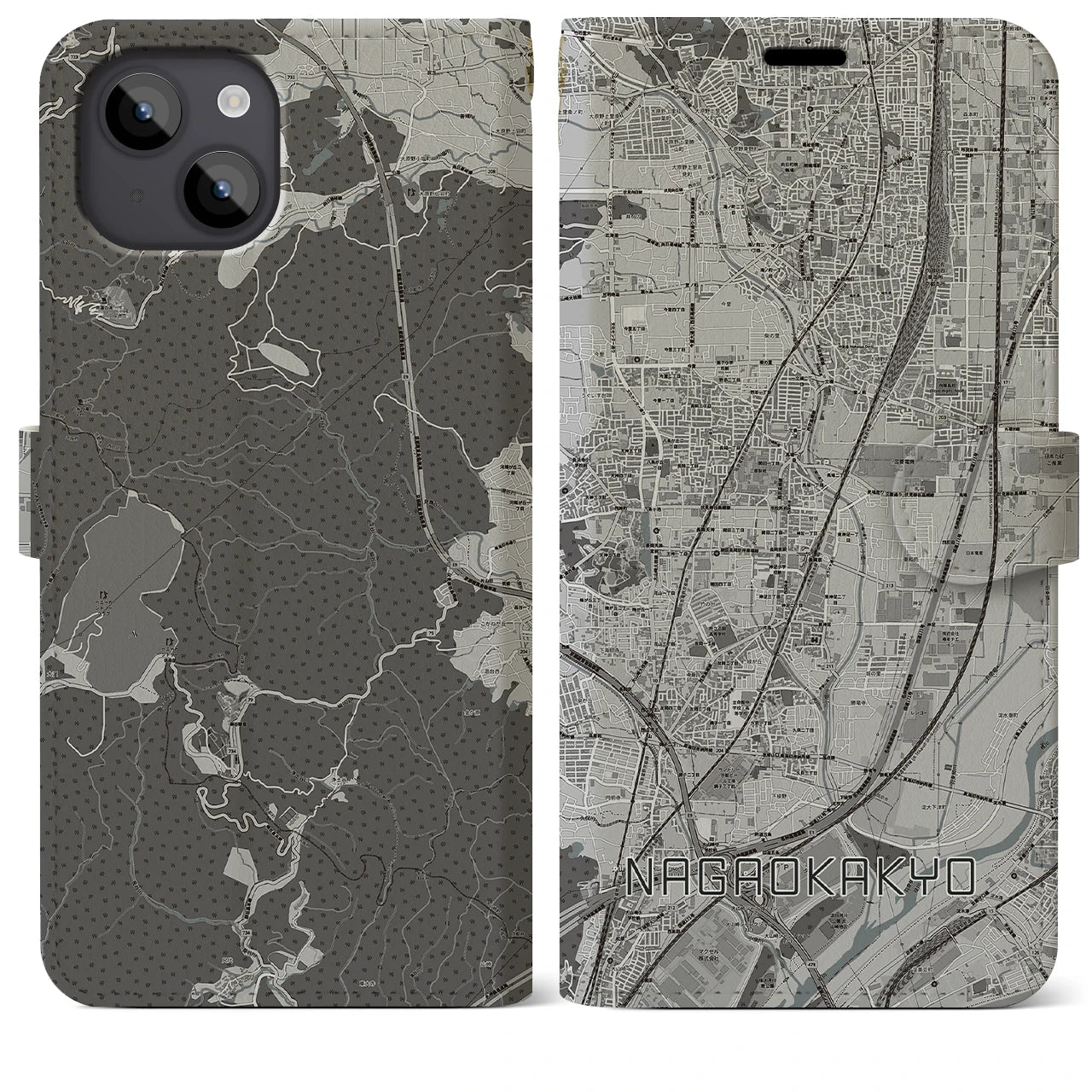 【長岡京(京都府)】地図柄iPhoneケース(手帳タイプ)モノトーン・iPhone 14 Plus 用