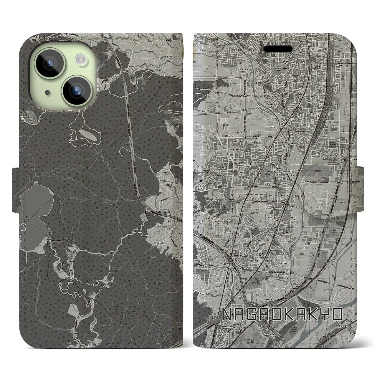 【長岡京(京都府)】地図柄iPhoneケース(手帳タイプ)モノトーン・iPhone 15 用