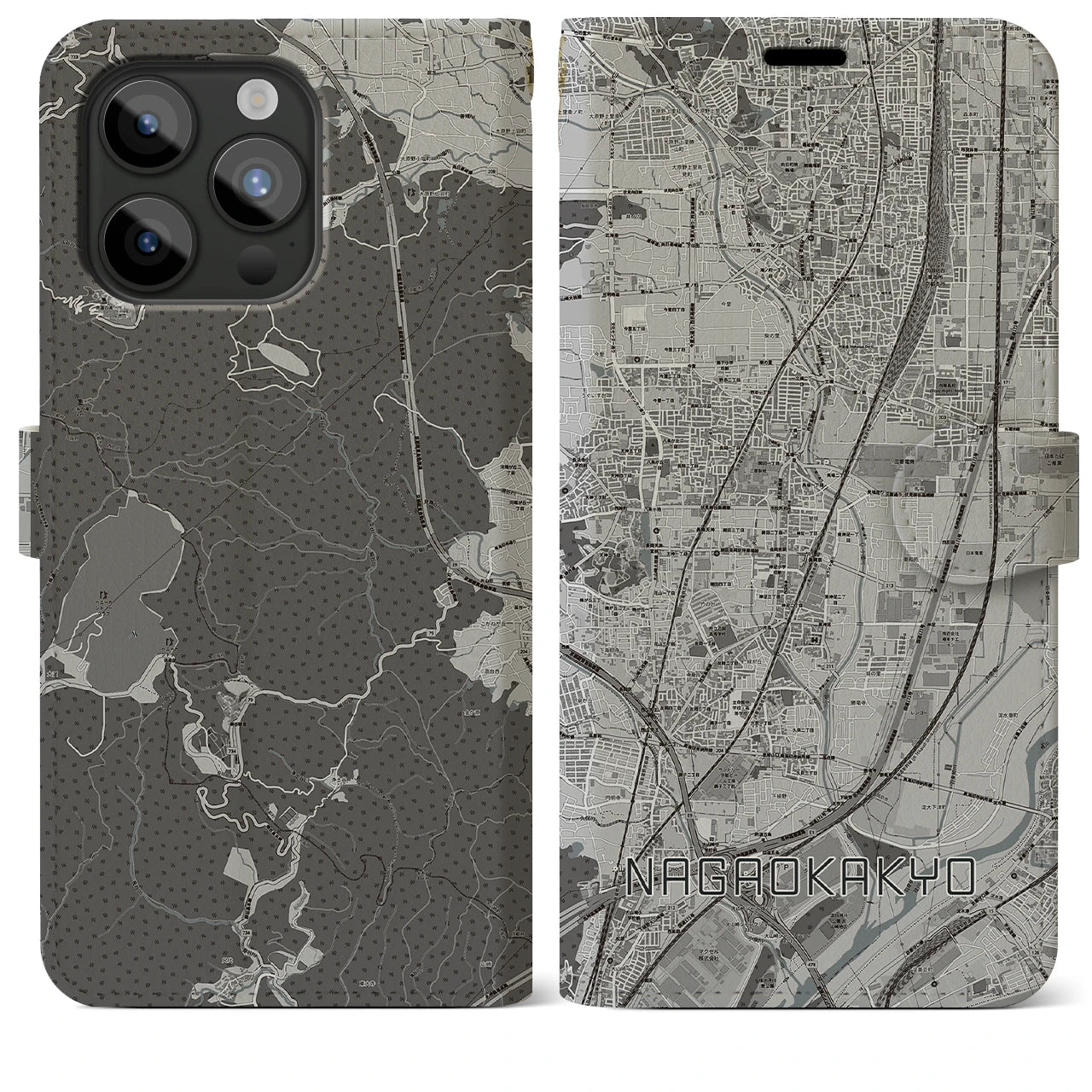 【長岡京(京都府)】地図柄iPhoneケース(手帳タイプ)モノトーン・iPhone 15 Pro Max 用