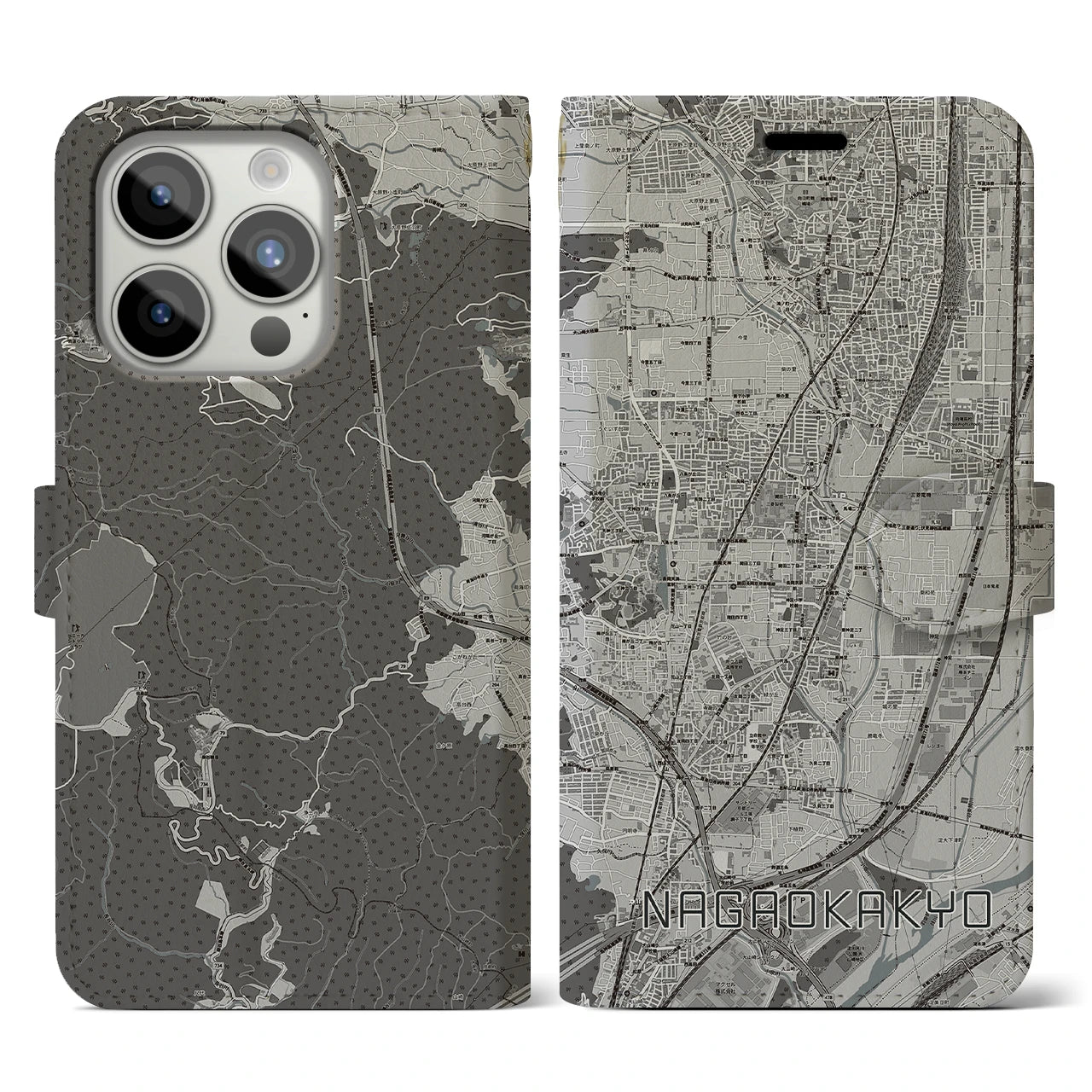 【長岡京(京都府)】地図柄iPhoneケース(手帳タイプ)モノトーン・iPhone 15 Pro 用