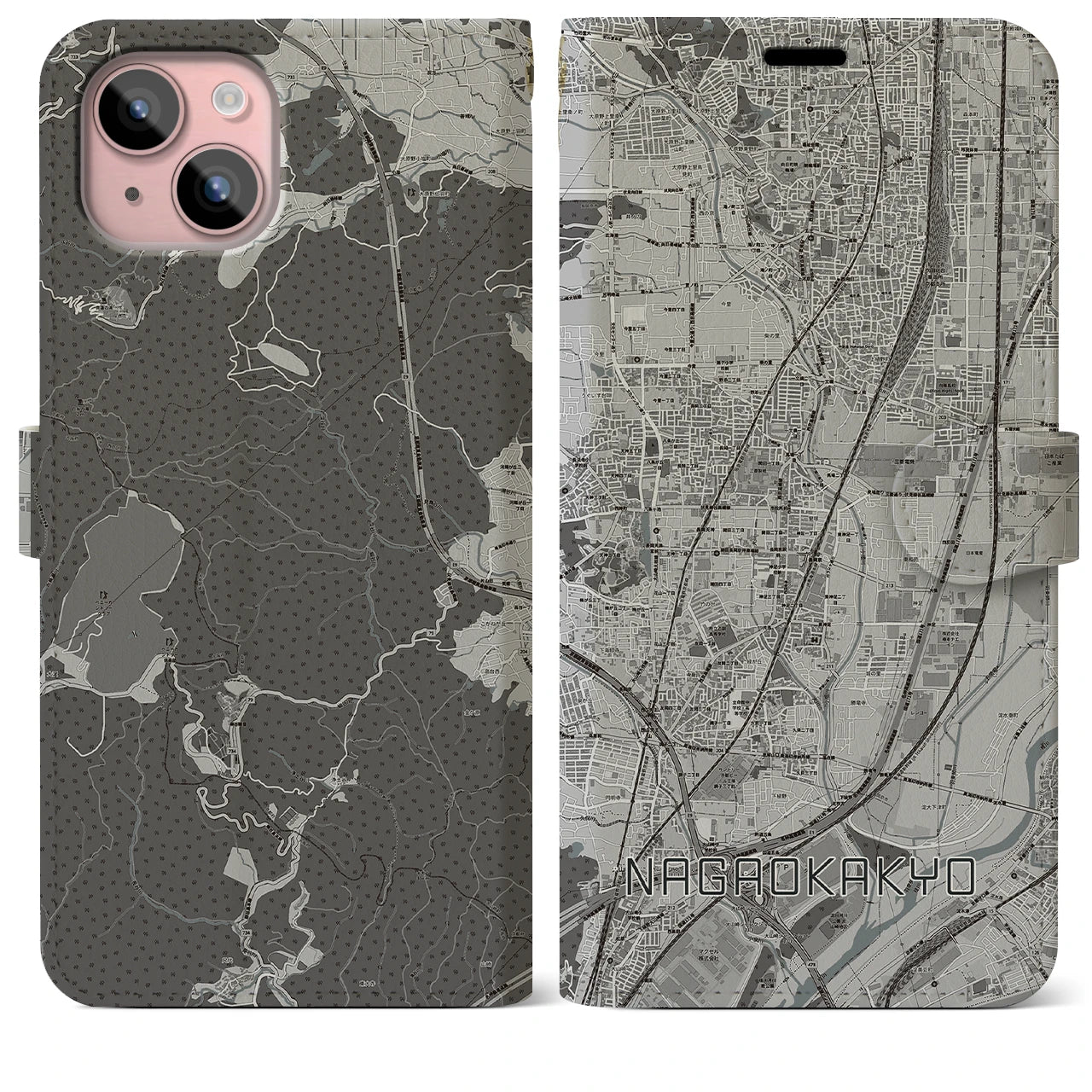 【長岡京(京都府)】地図柄iPhoneケース(手帳タイプ)モノトーン・iPhone 15 Plus 用