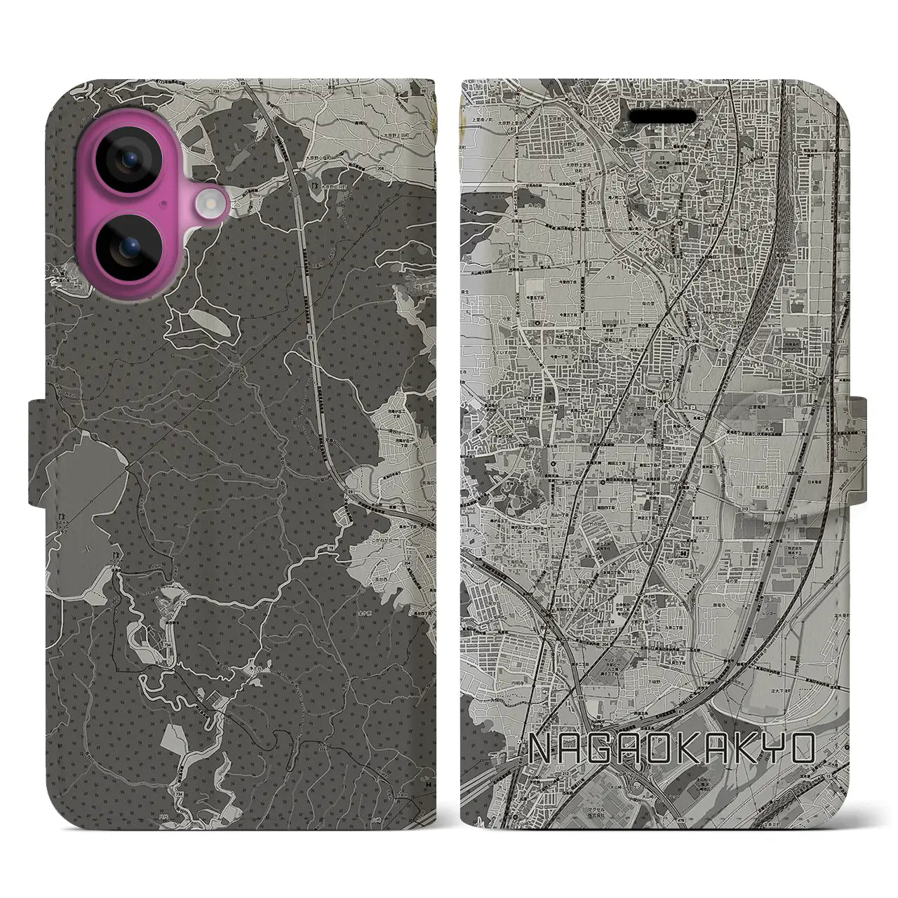 【長岡京(京都府)】地図柄iPhoneケース(手帳タイプ)モノトーン・iPhone 16 Pro 用