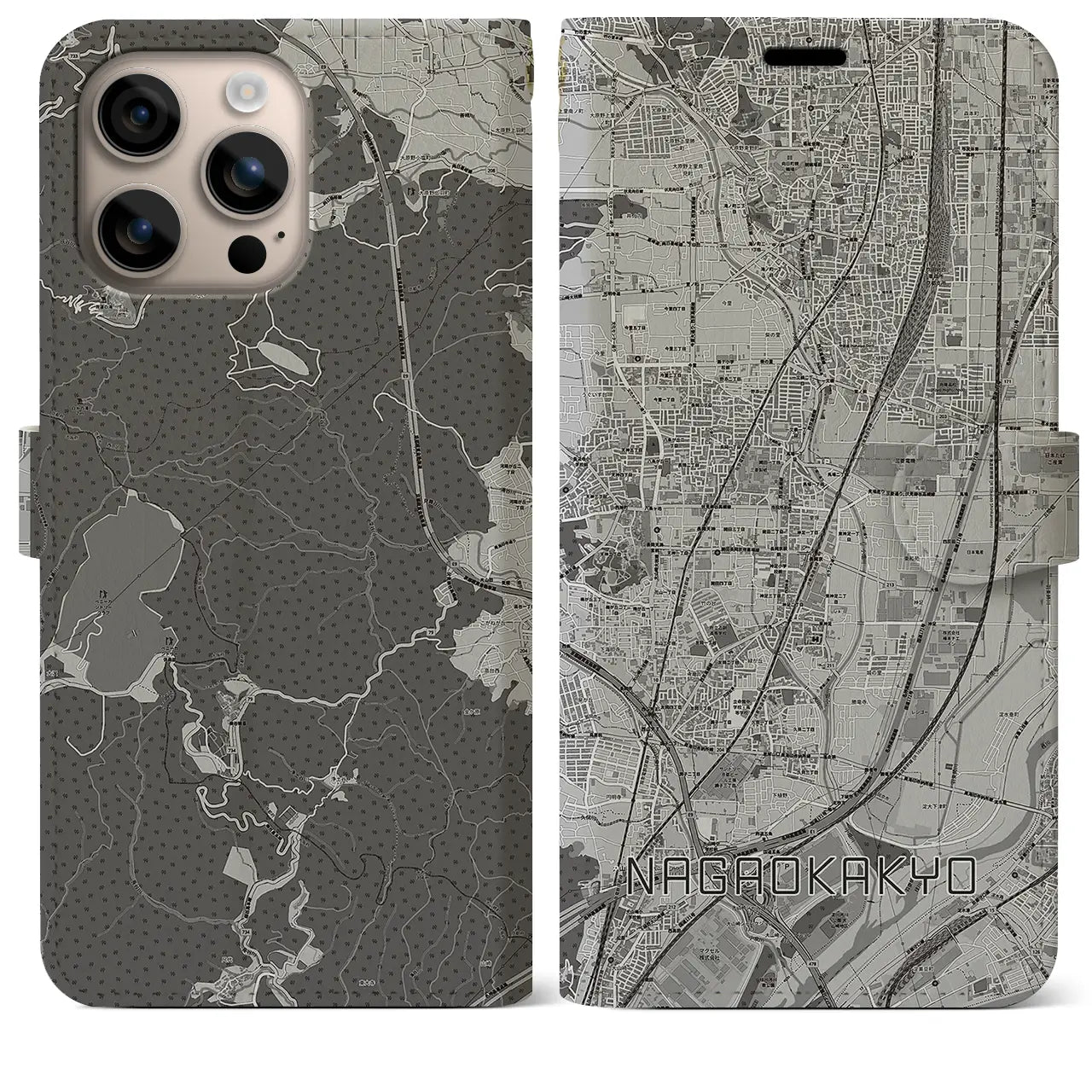 【長岡京(京都府)】地図柄iPhoneケース(手帳タイプ)モノトーン・iPhone 16 Plus 用