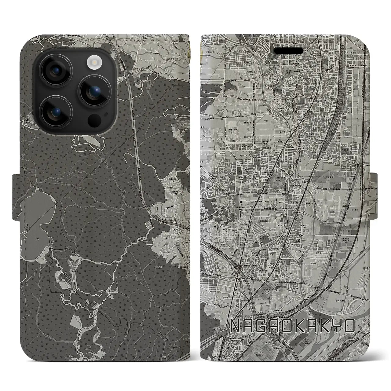 【長岡京(京都府)】地図柄iPhoneケース(手帳タイプ)モノトーン・iPhone 16 用