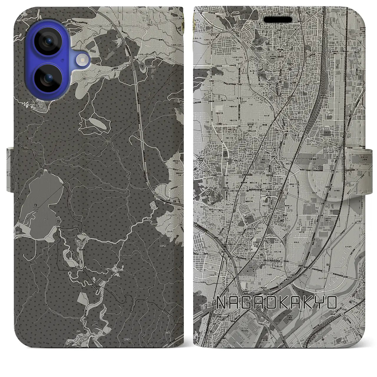 【長岡京(京都府)】地図柄iPhoneケース(手帳タイプ)モノトーン・iPhone 16 Pro Max 用