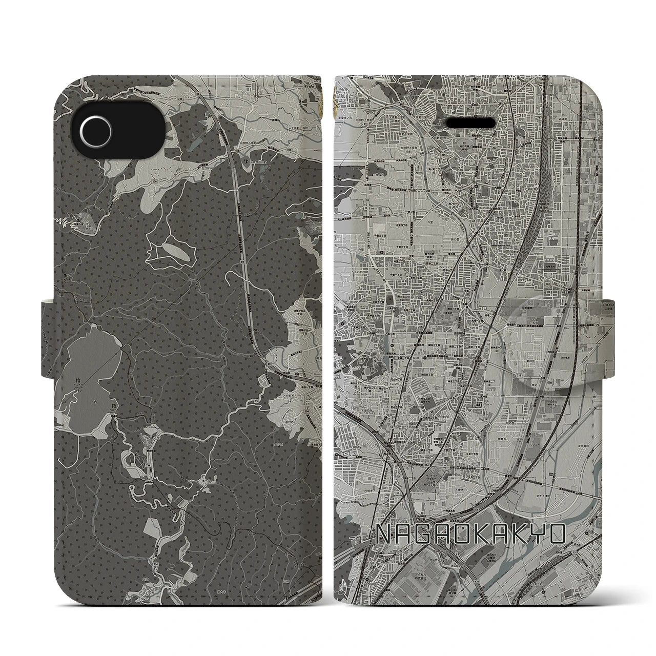 【長岡京(京都府)】地図柄iPhoneケース(手帳タイプ)モノトーン・iPhone SE(第3 / 第2世代) / 8 / 7 / 6s / 6 用