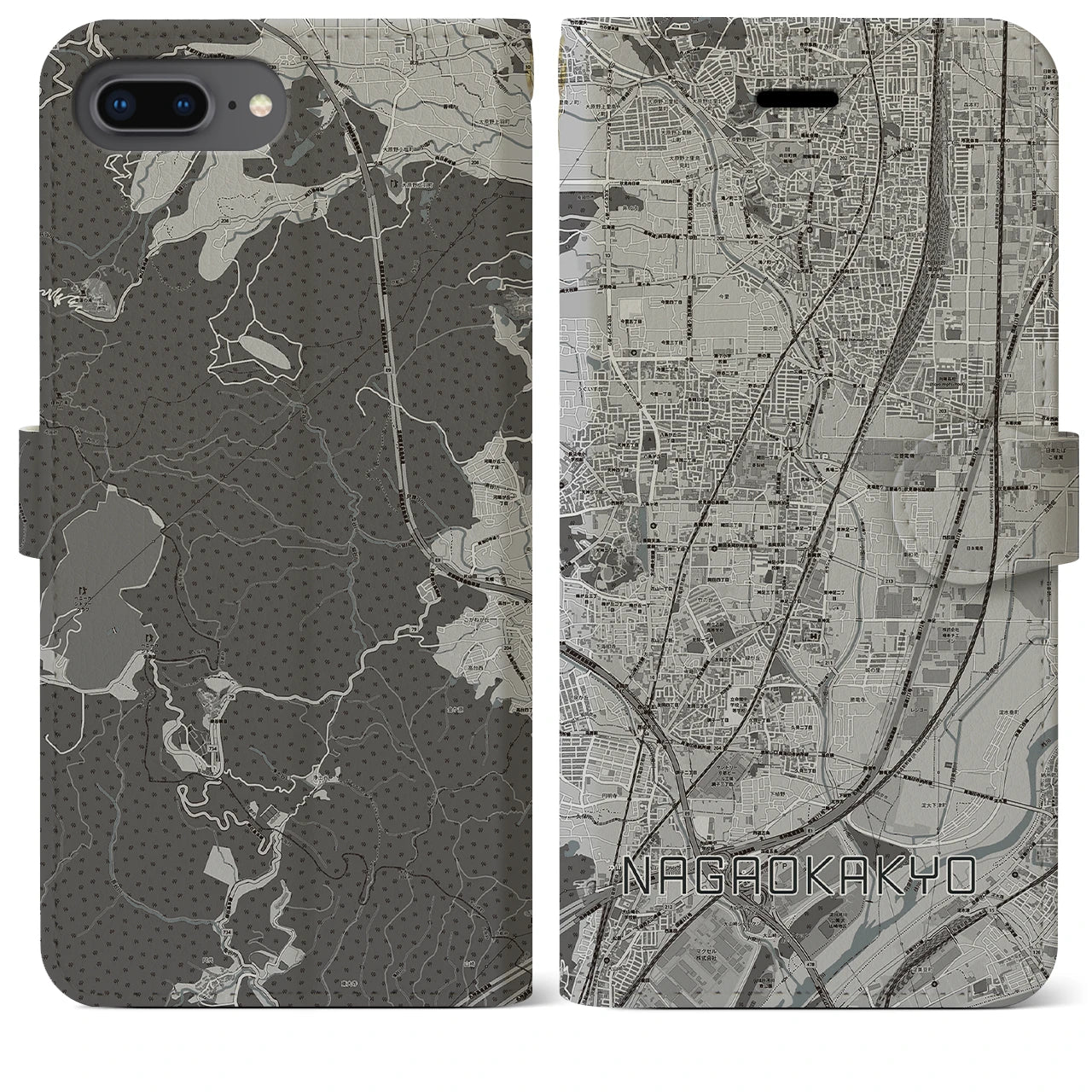 【長岡京(京都府)】地図柄iPhoneケース(手帳タイプ)モノトーン・iPhone 8Plus /7Plus / 6sPlus / 6Plus 用