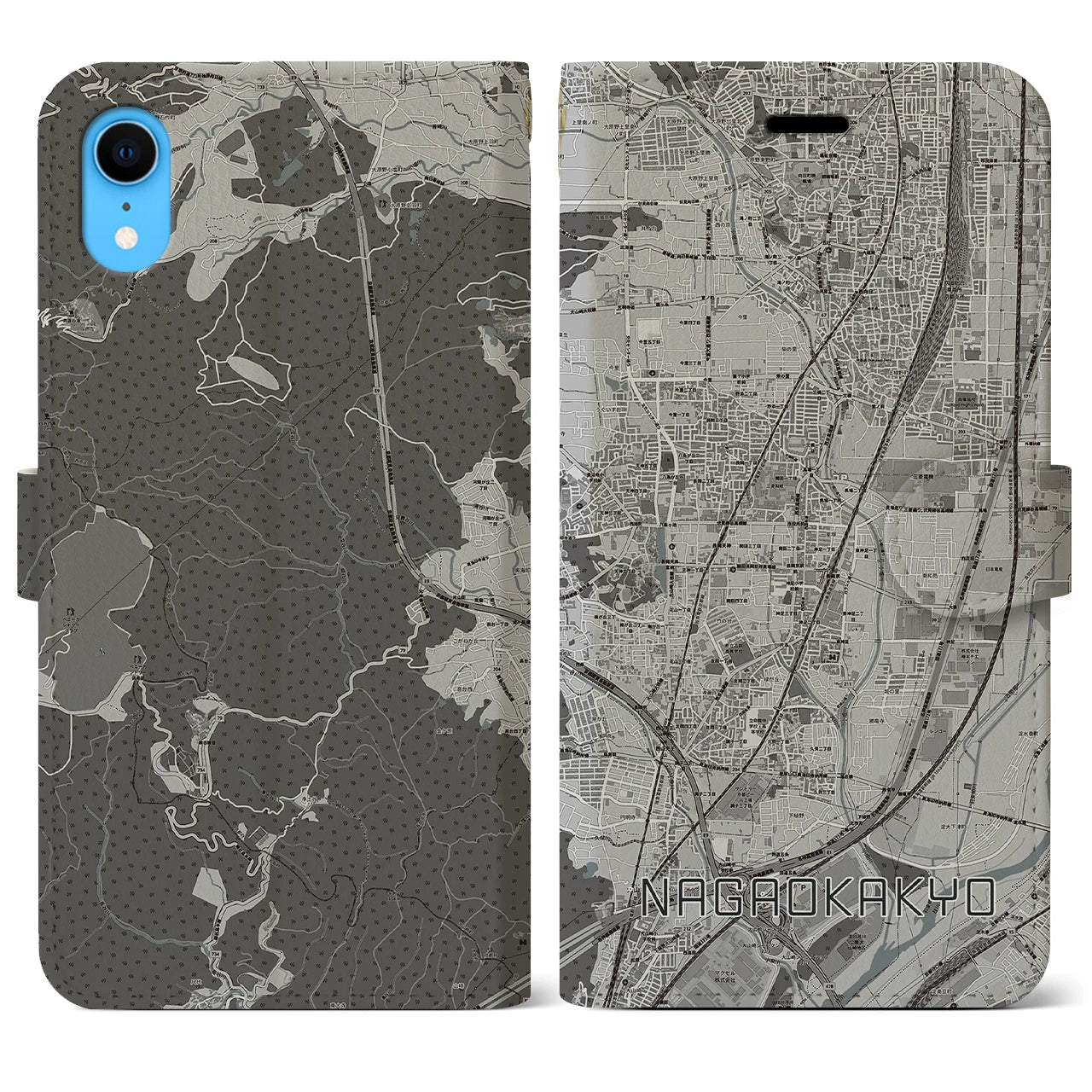 【長岡京(京都府)】地図柄iPhoneケース(手帳タイプ)モノトーン・iPhone XR 用