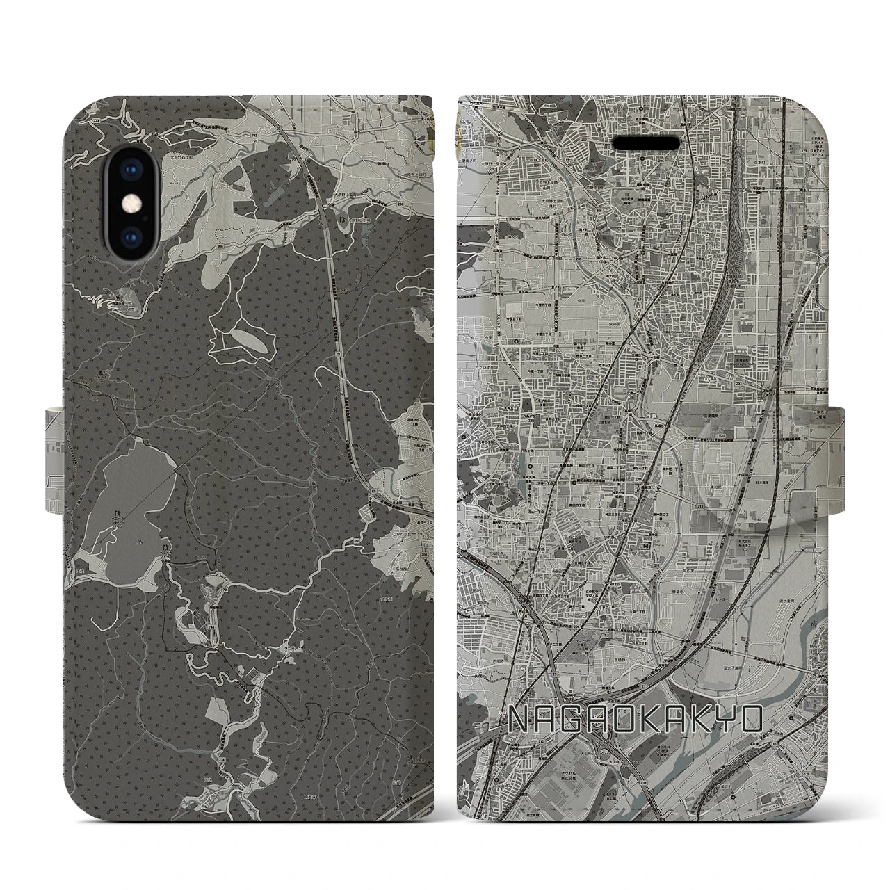 【長岡京(京都府)】地図柄iPhoneケース(手帳タイプ)モノトーン・iPhone XS / X 用