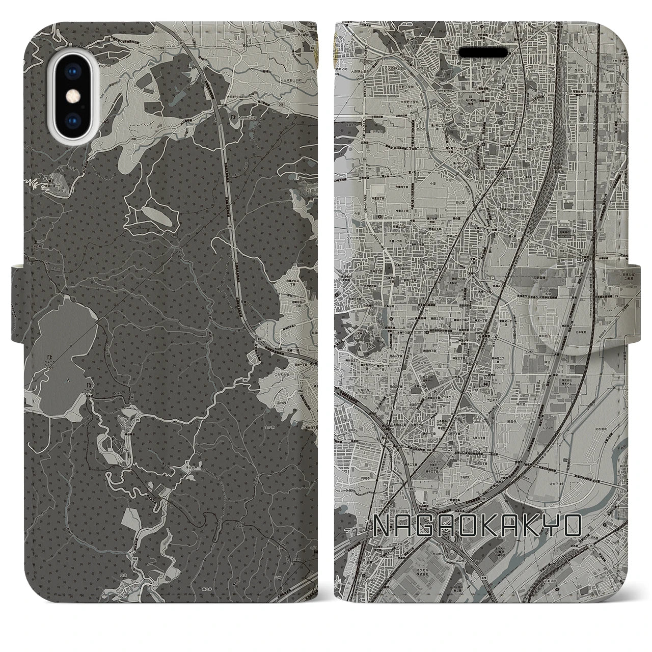 【長岡京(京都府)】地図柄iPhoneケース(手帳タイプ)モノトーン・iPhone XS Max 用