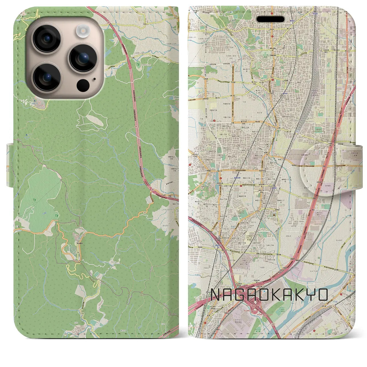 【長岡京(京都府)】地図柄iPhoneケース(手帳タイプ)ナチュラル・iPhone 16 Plus 用