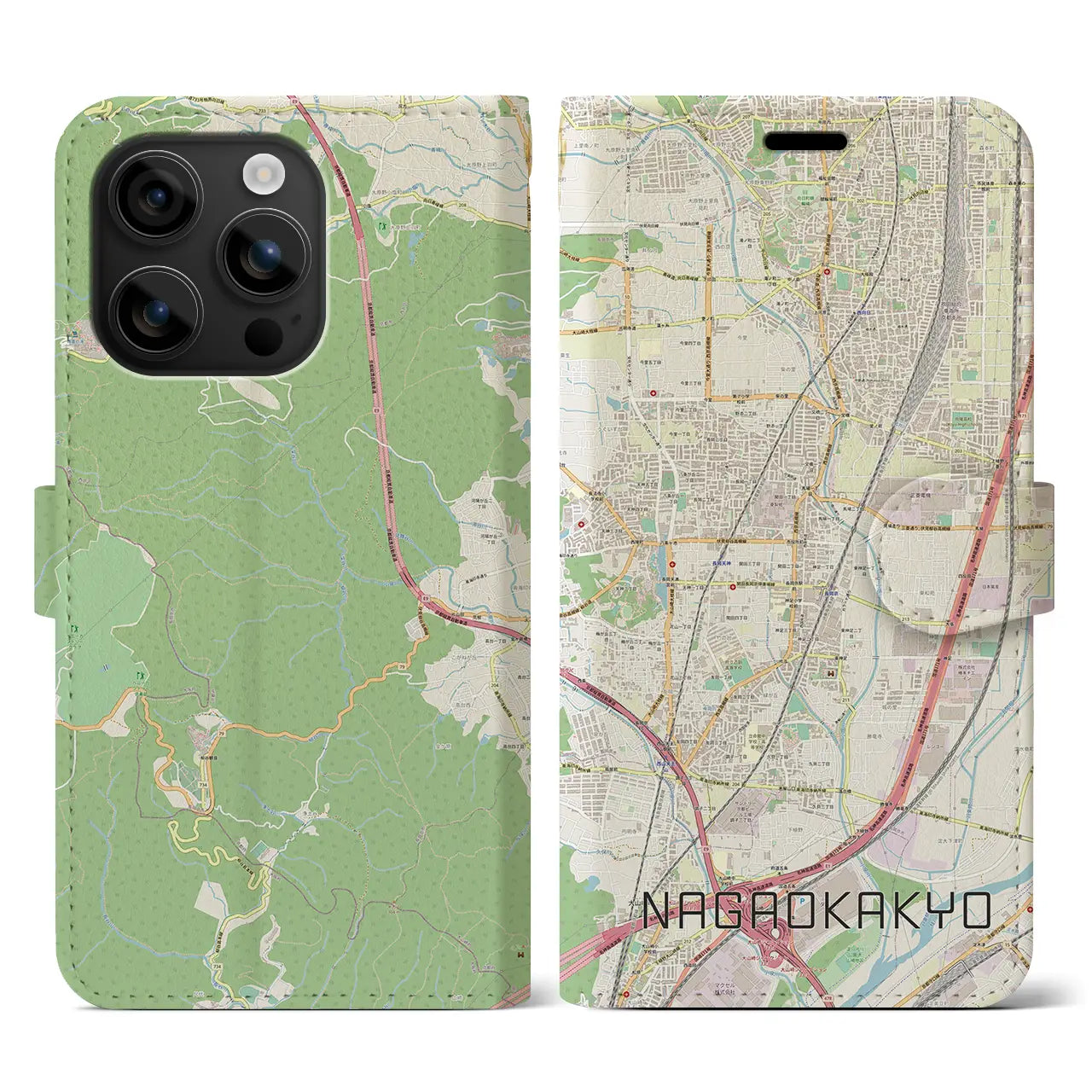 【長岡京(京都府)】地図柄iPhoneケース(手帳タイプ)ナチュラル・iPhone 16 用
