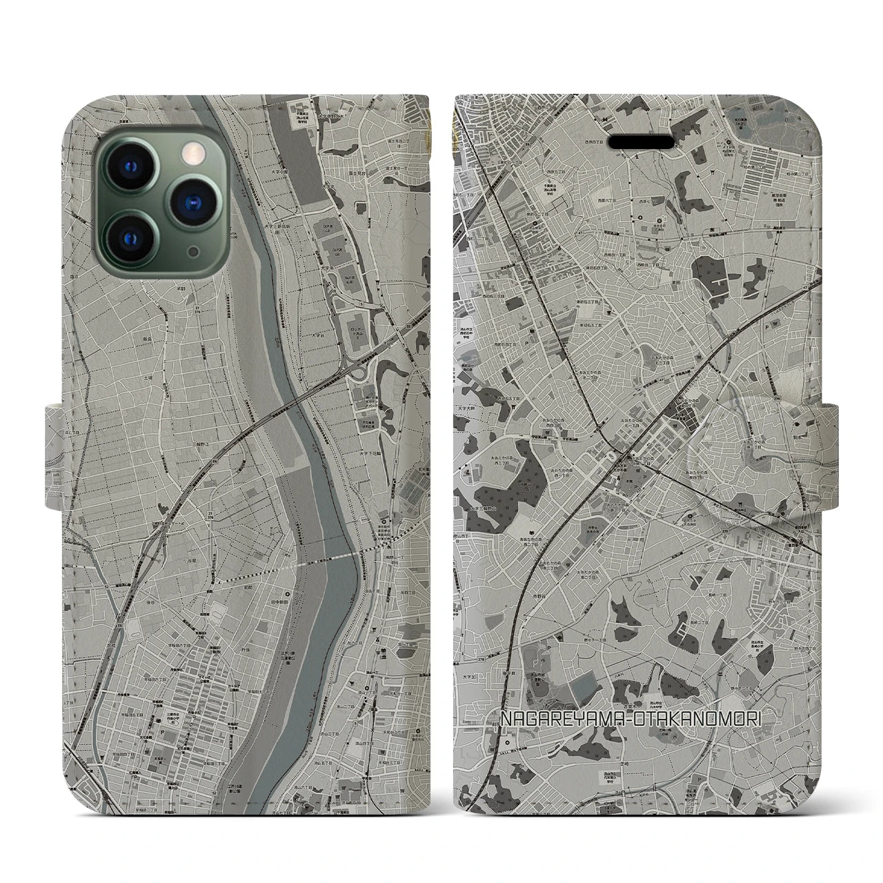 【流山おおたかの森(千葉県)】地図柄iPhoneケース(手帳タイプ)モノトーン・iPhone 11 Pro 用