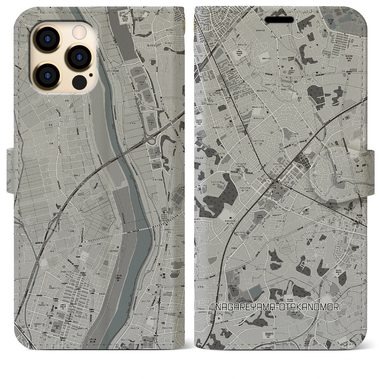 【流山おおたかの森(千葉県)】地図柄iPhoneケース(手帳タイプ)モノトーン・iPhone 12 Pro Max 用